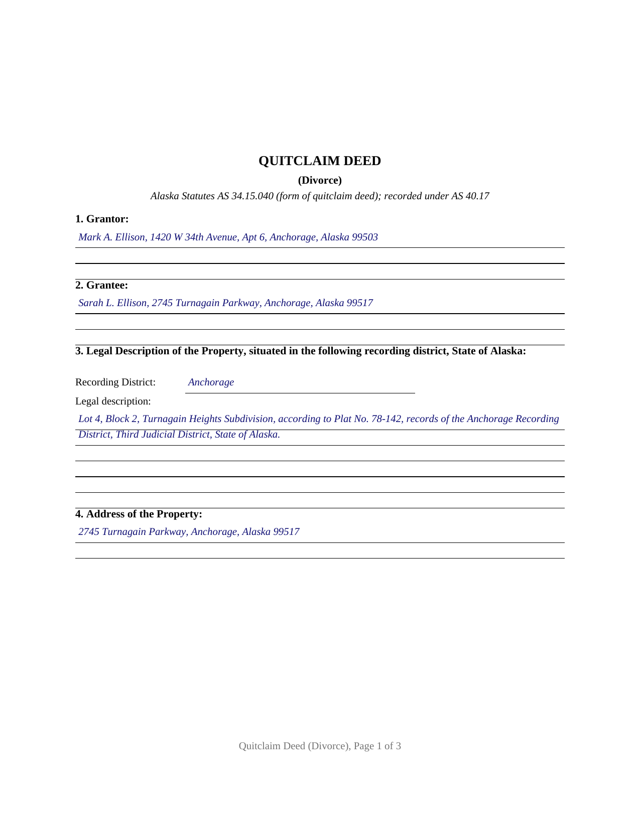 Yukon Koyukuk Borough Completed Example of the Quitclaim Deed (Divorce) Document