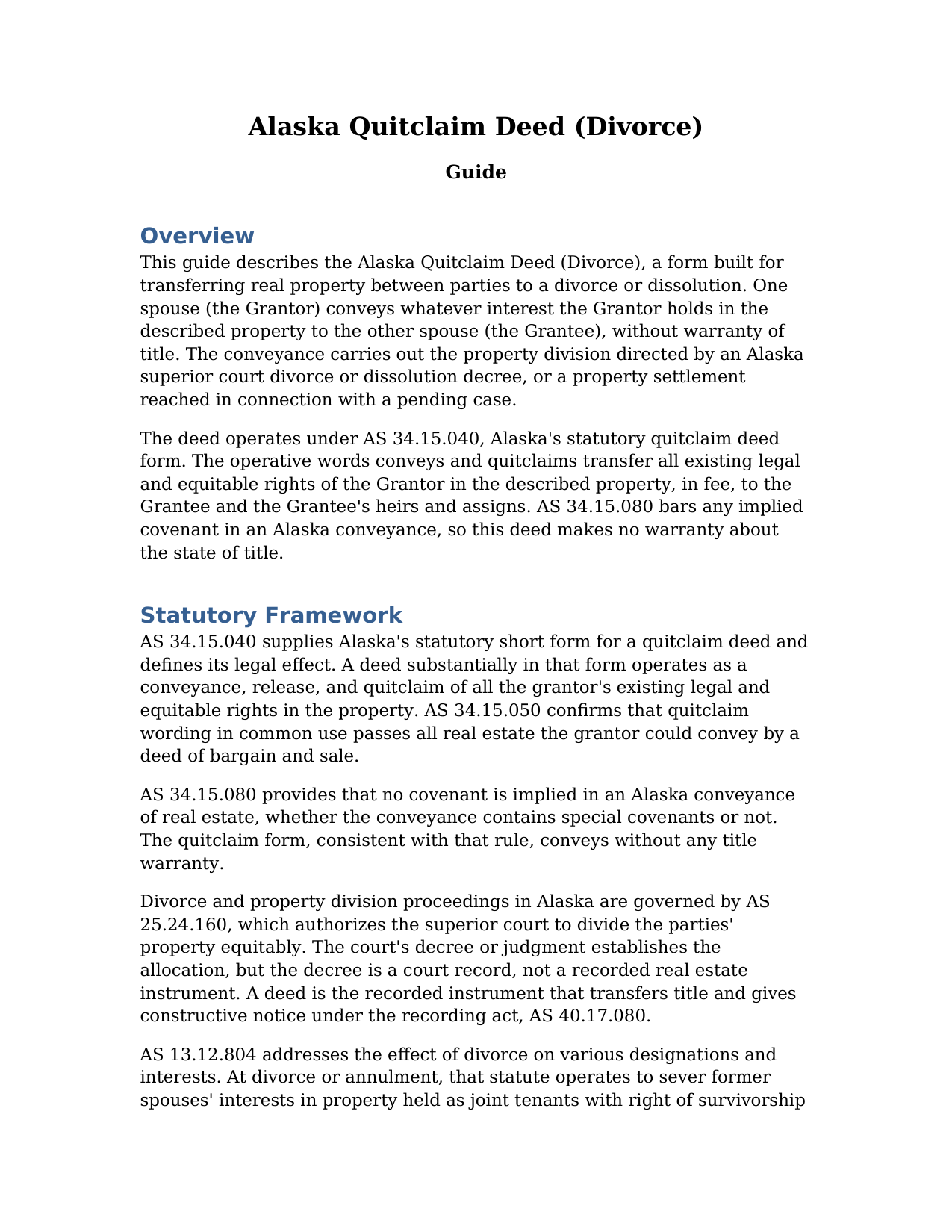 Yukon Koyukuk Borough Quitclaim Deed (Divorce) Guide