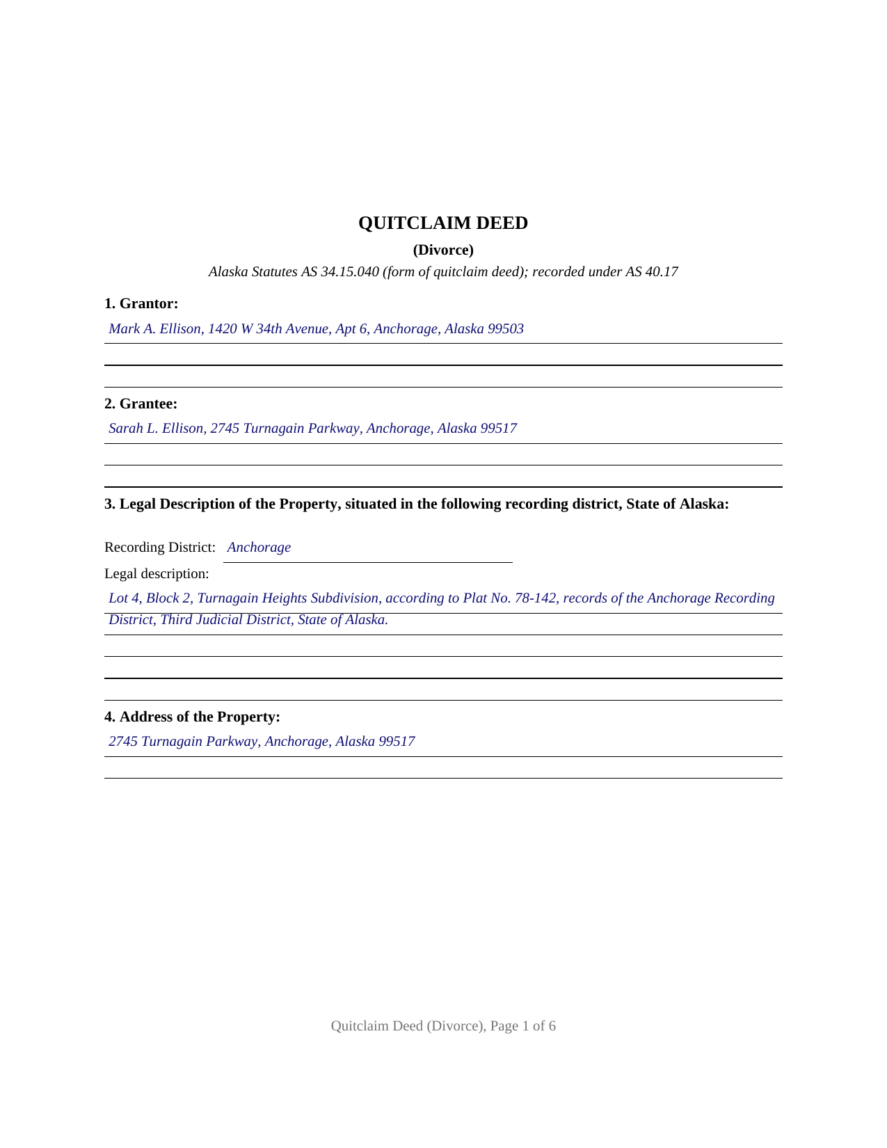 Yukon Koyukuk Borough Completed Example of the Quitclaim Deed (Divorce) Document