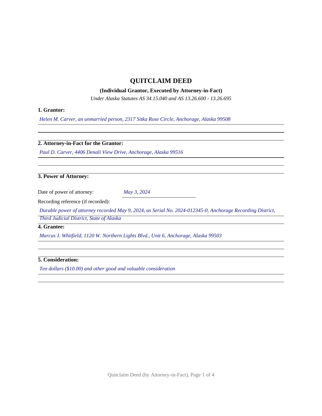 Yukon Koyukuk Borough Completed Example of the Quitclaim Deed (Individual Grantor by Attorney-in-Fact) Document