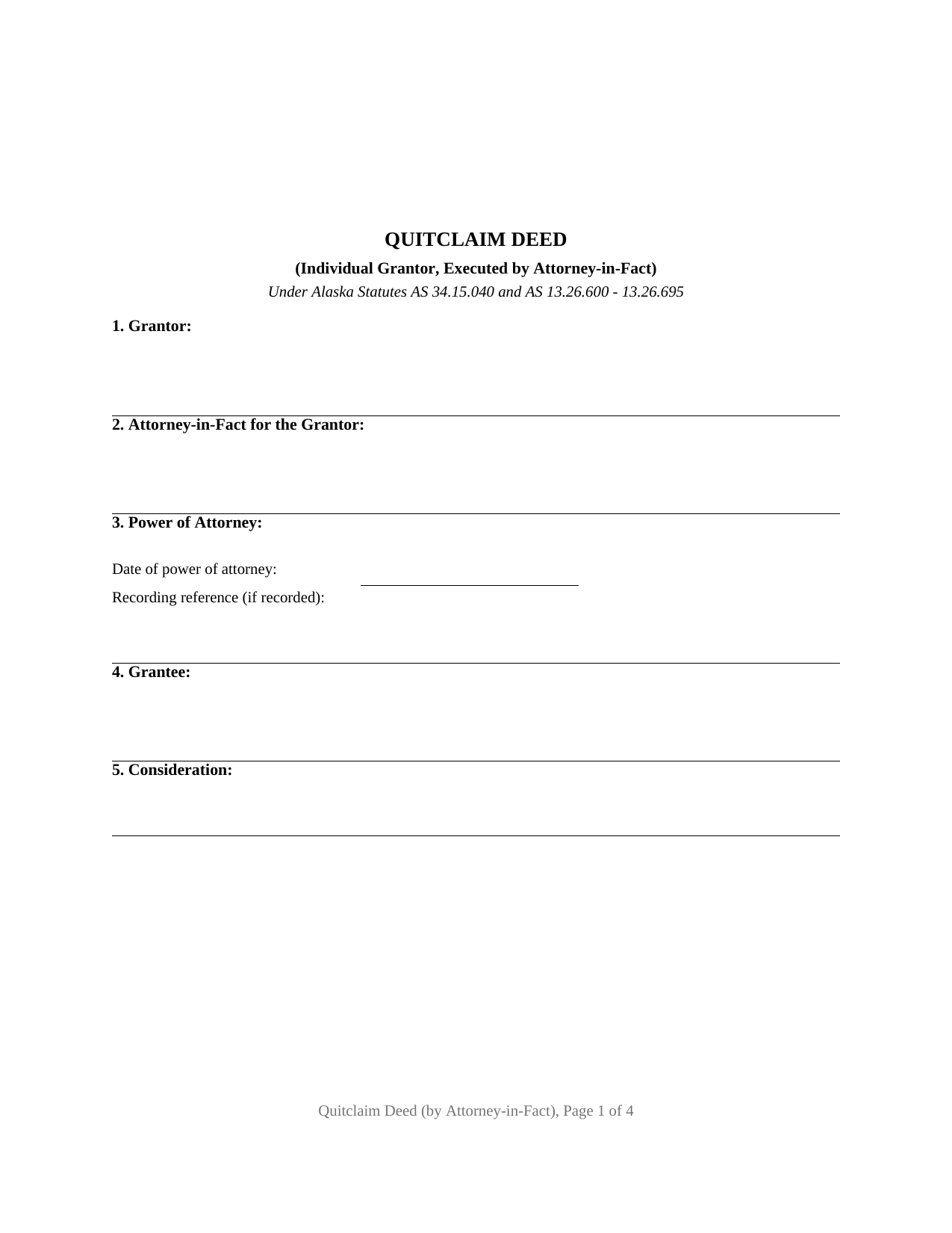 Yukon Koyukuk Borough Quitclaim Deed (Individual Grantor by Attorney-in-Fact) Form