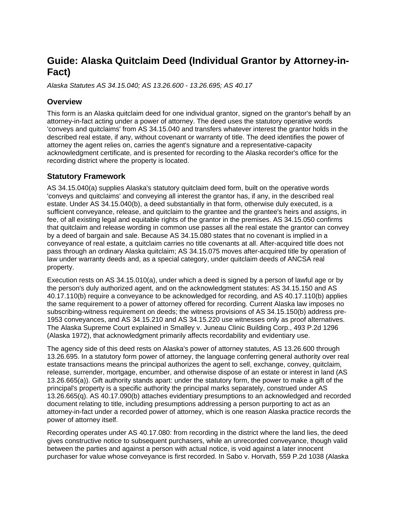Yukon Koyukuk Borough Quitclaim Deed (Individual Grantor by Attorney-in-Fact) Guide