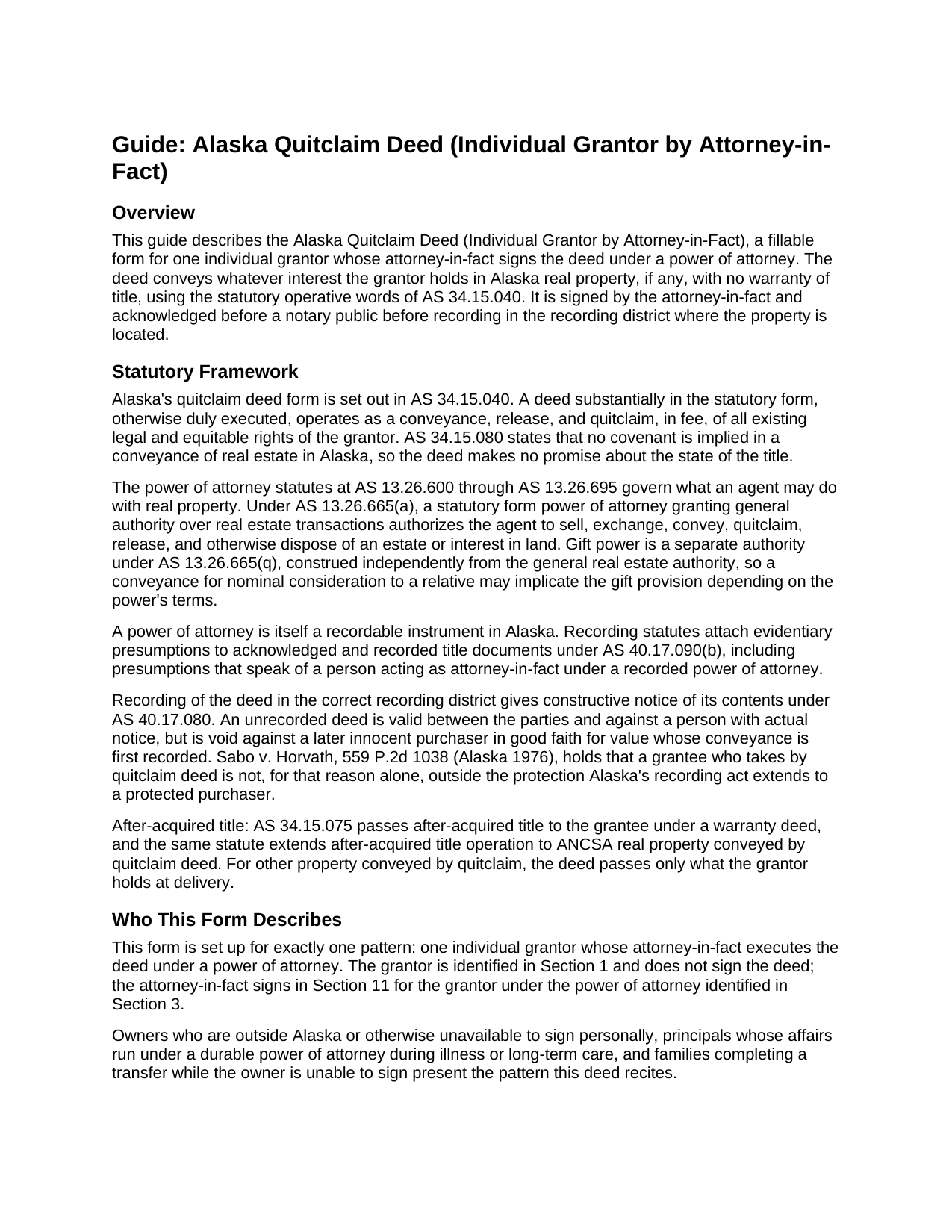 Yukon Koyukuk Borough Quitclaim Deed (Individual Grantor by Attorney-in-Fact) Guide