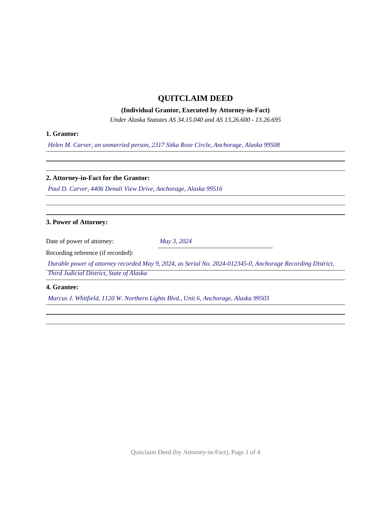 Yukon Koyukuk Borough Completed Example of the Quitclaim Deed (Individual Grantor by Attorney-in-Fact) Document