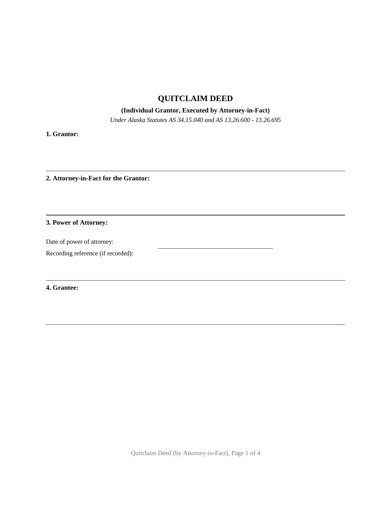 Yukon Koyukuk Borough Quitclaim Deed (Individual Grantor by Attorney-in-Fact) Form