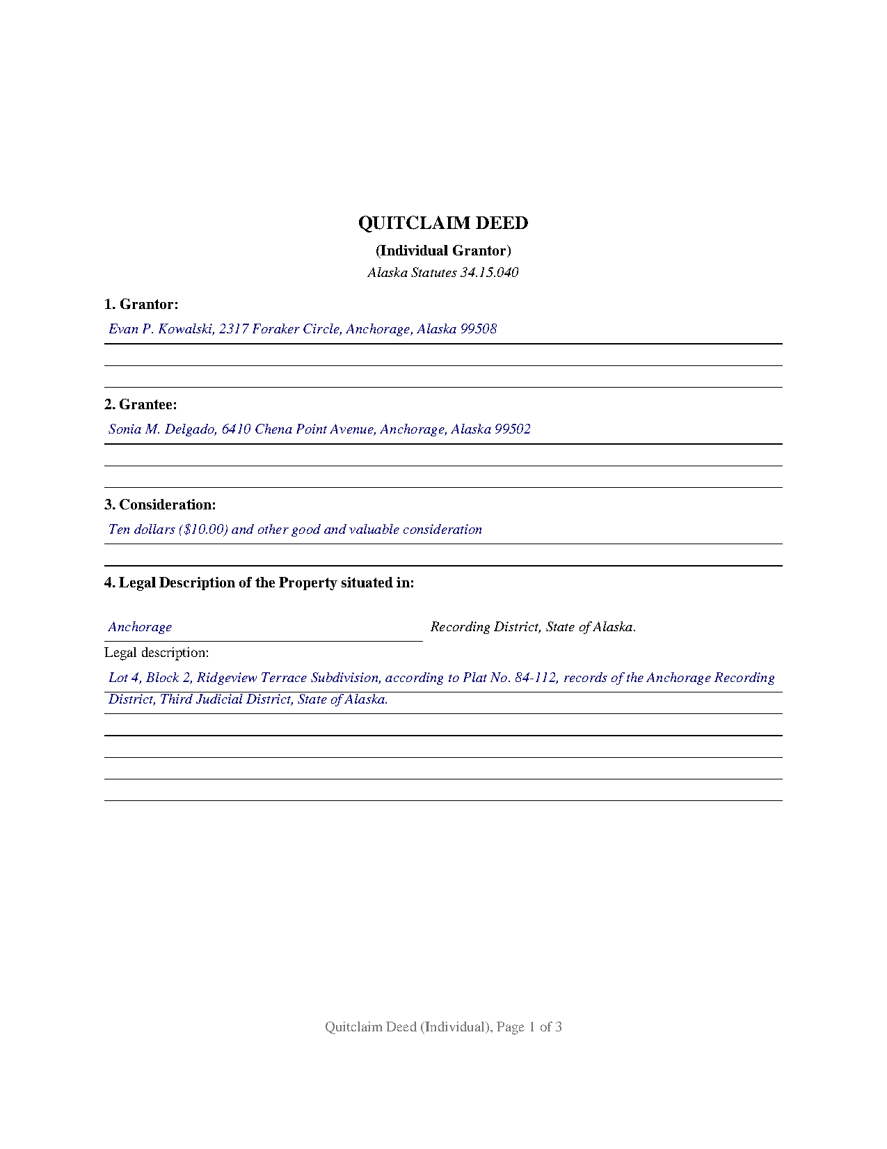 Kodiak Island Borough Completed Example of the Quitclaim Deed (Individual) Document
