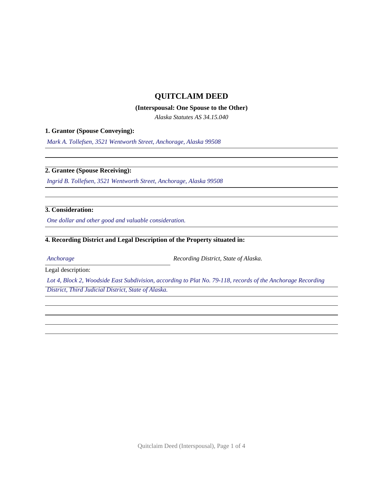 Yukon Koyukuk Borough Completed Example of the Quitclaim Deed (Interspousal) Document