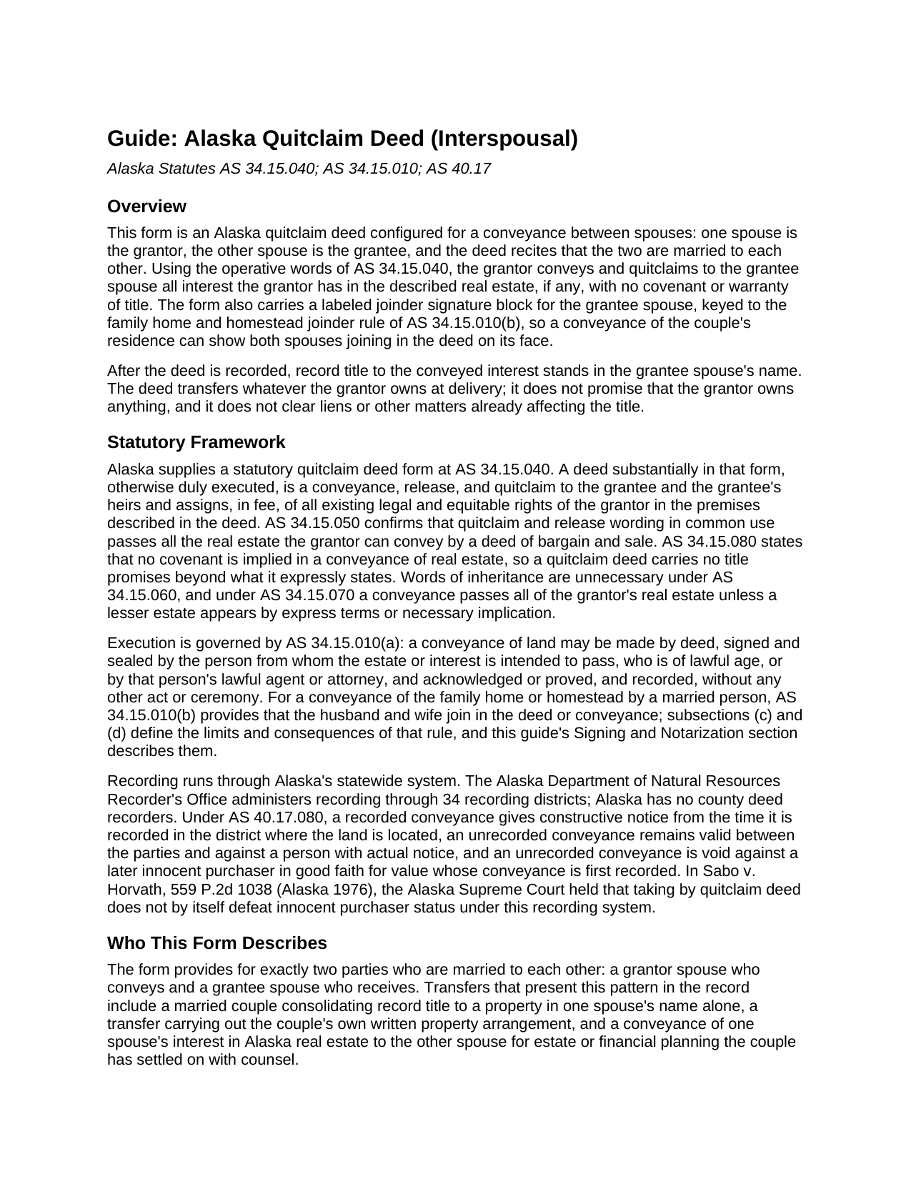 Yukon Koyukuk Borough Quitclaim Deed (Interspousal) Guide