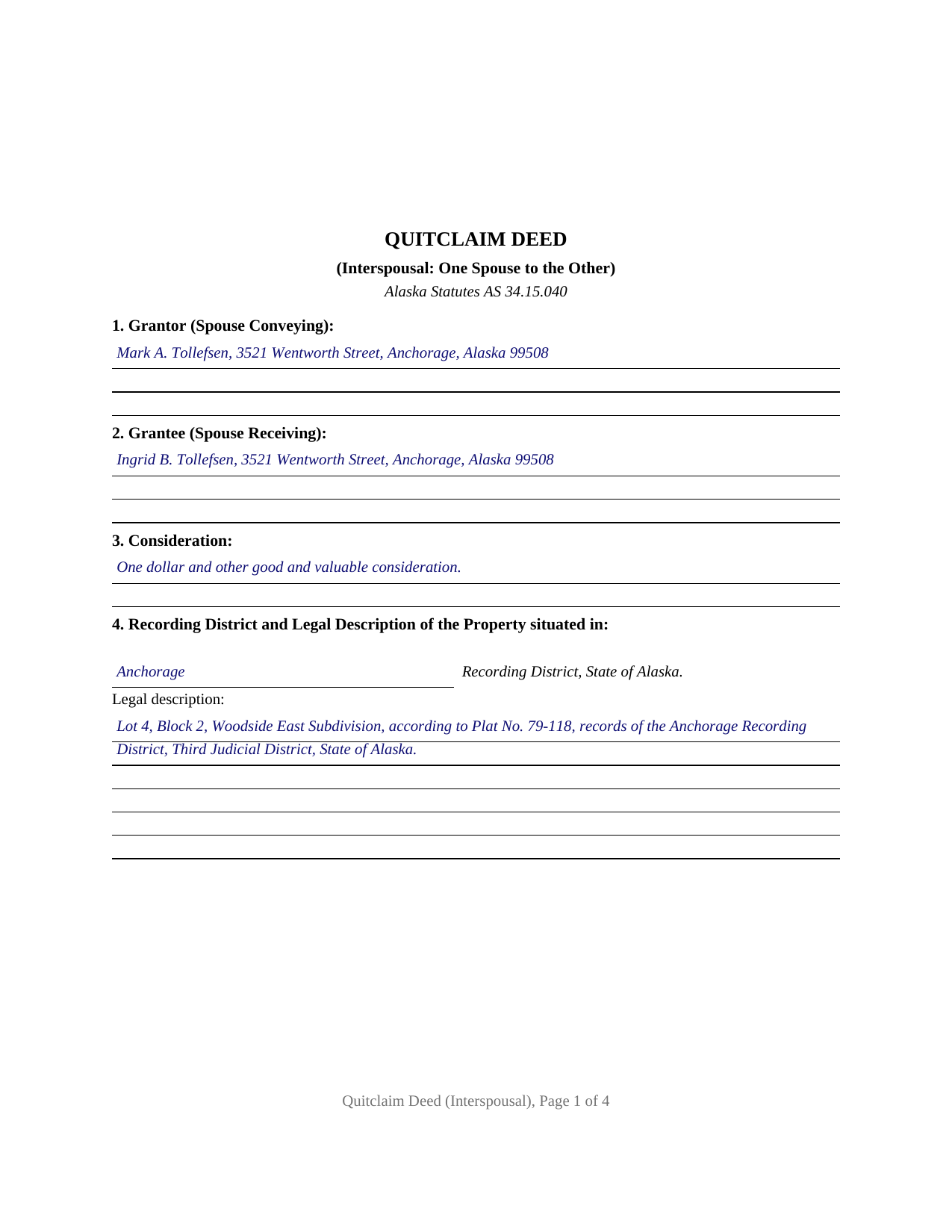 Yukon Koyukuk Borough Completed Example of the Quitclaim Deed (Interspousal) Document
