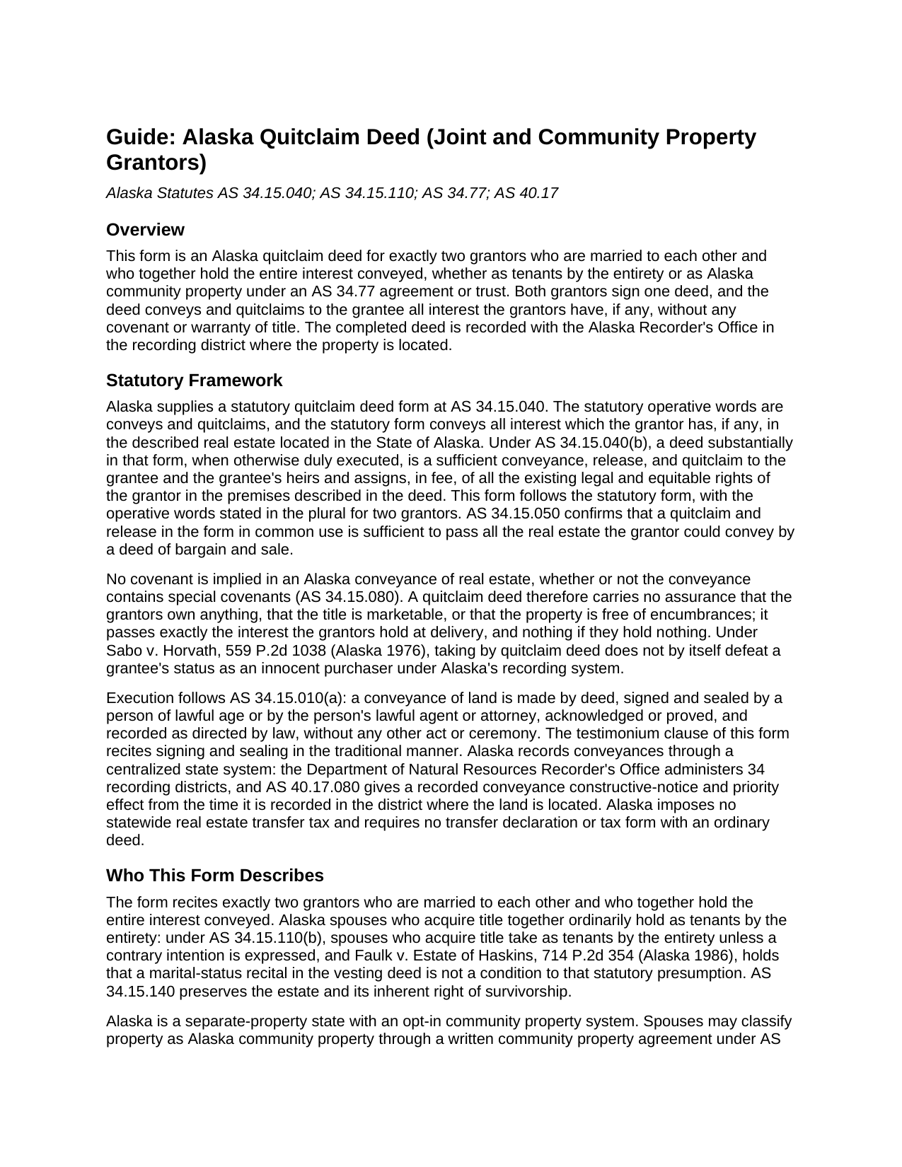 Yukon Koyukuk Borough Quitclaim Deed (Joint and Community Property Grantors) Guide
