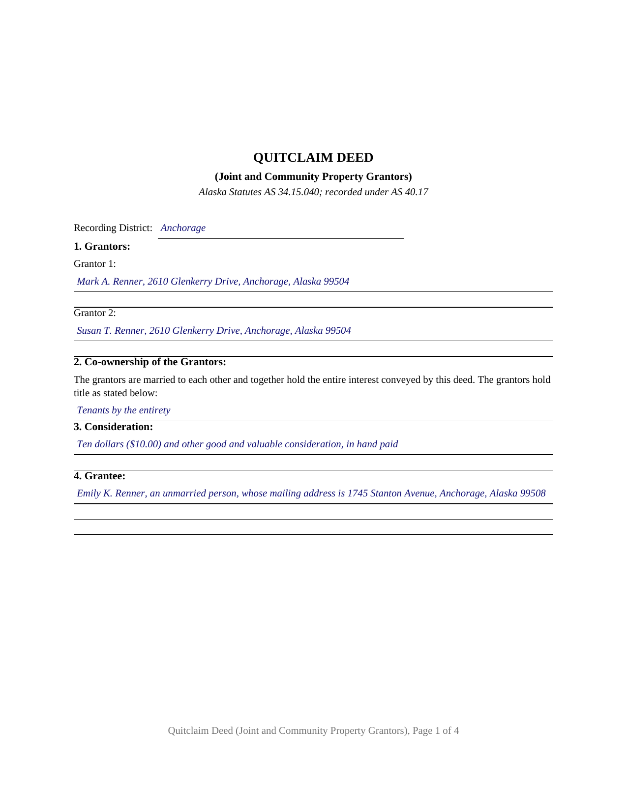 Yukon Koyukuk Borough Completed Example of the Quitclaim Deed (Joint and Community Property Grantors) Document