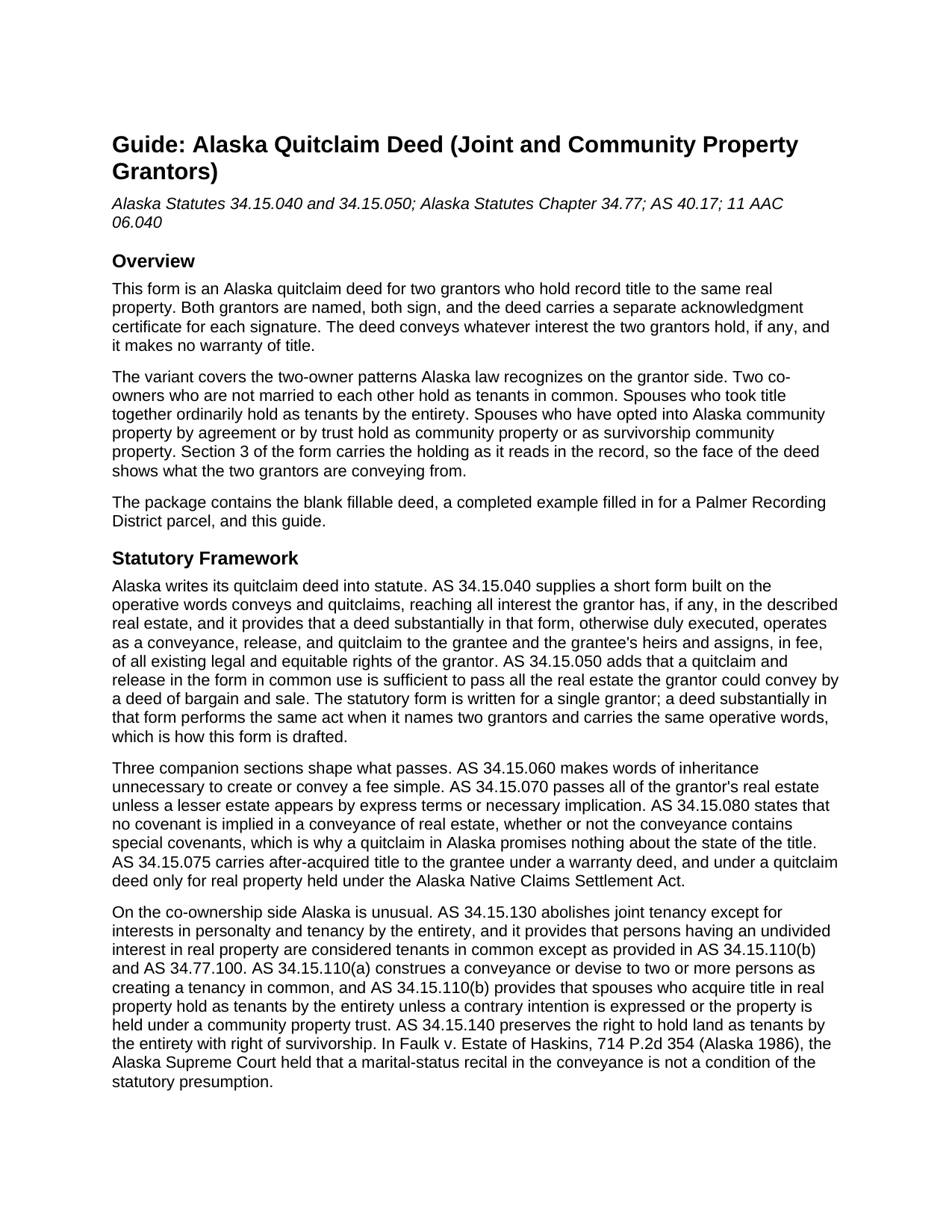 Yukon Koyukuk Borough Quitclaim Deed (Joint and Community Property Grantors) Guide