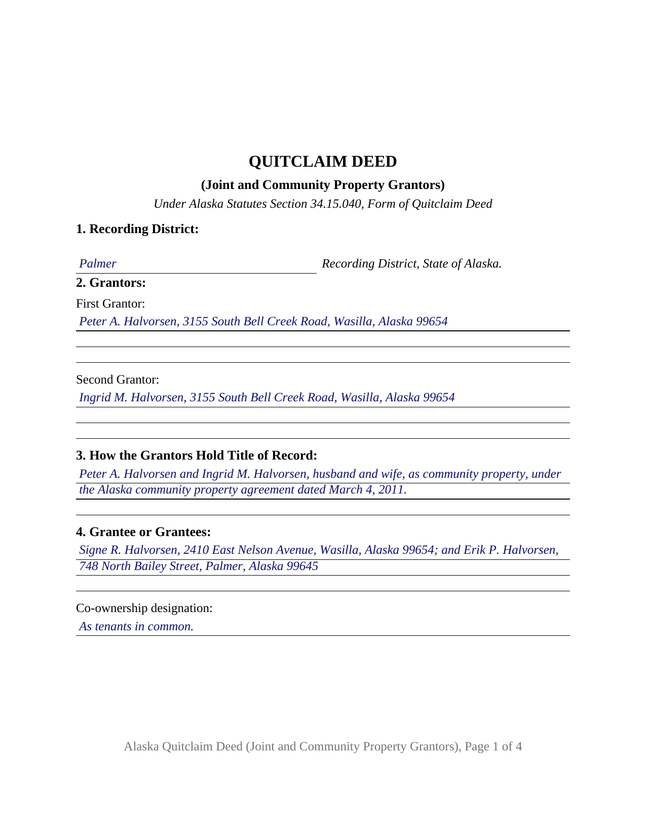 Yukon Koyukuk Borough Completed Example of the Quitclaim Deed (Joint and Community Property Grantors) Document