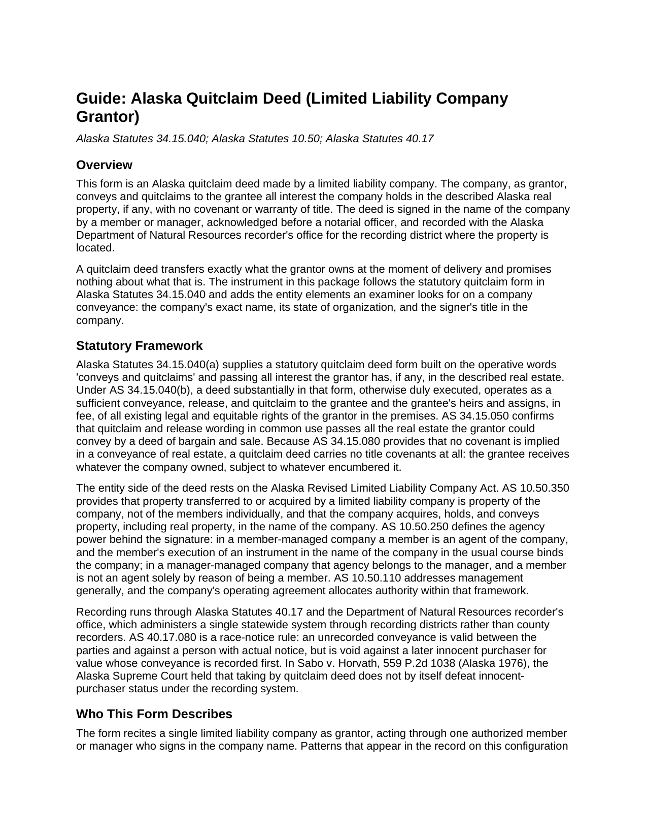 Yukon Koyukuk Borough Quitclaim Deed (LLC Grantor) Guide