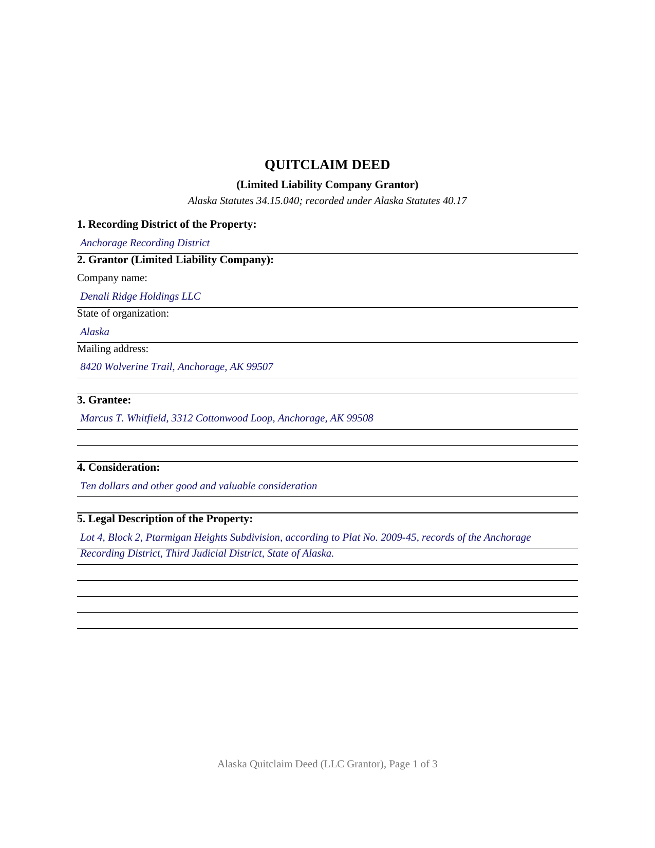 Yukon Koyukuk Borough Completed Example of the Quitclaim Deed (LLC Grantor) Document
