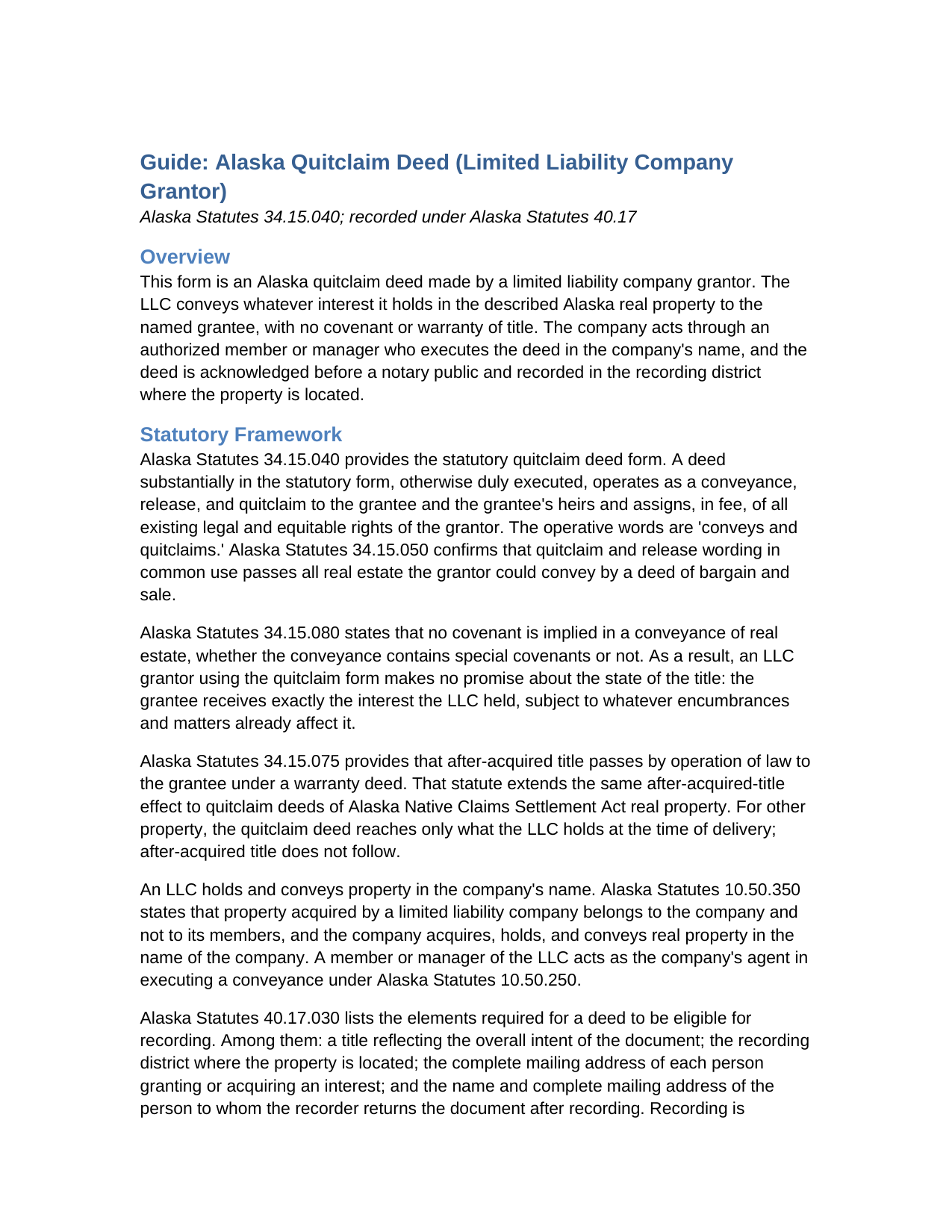 Yukon Koyukuk Borough Quitclaim Deed (LLC Grantor) Guide
