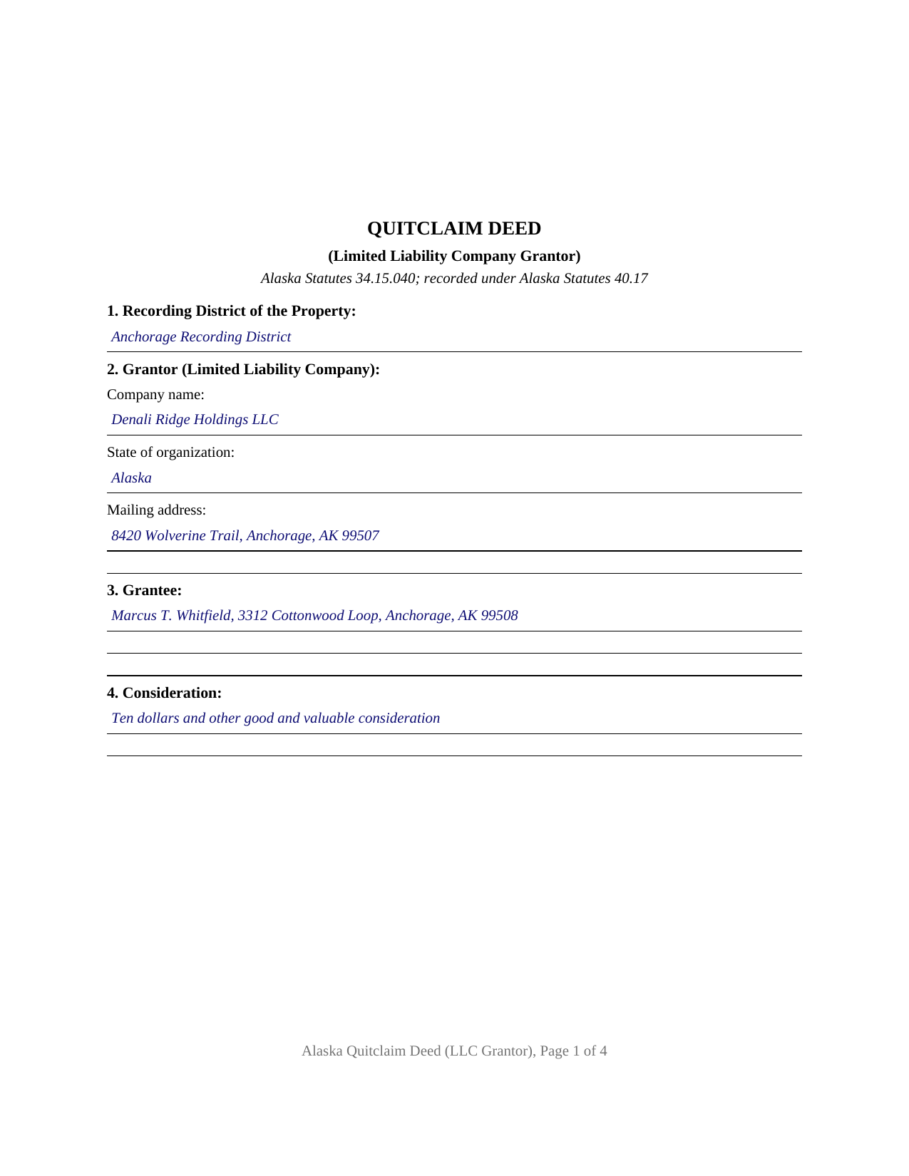 Yukon Koyukuk Borough Completed Example of the Quitclaim Deed (LLC Grantor) Document