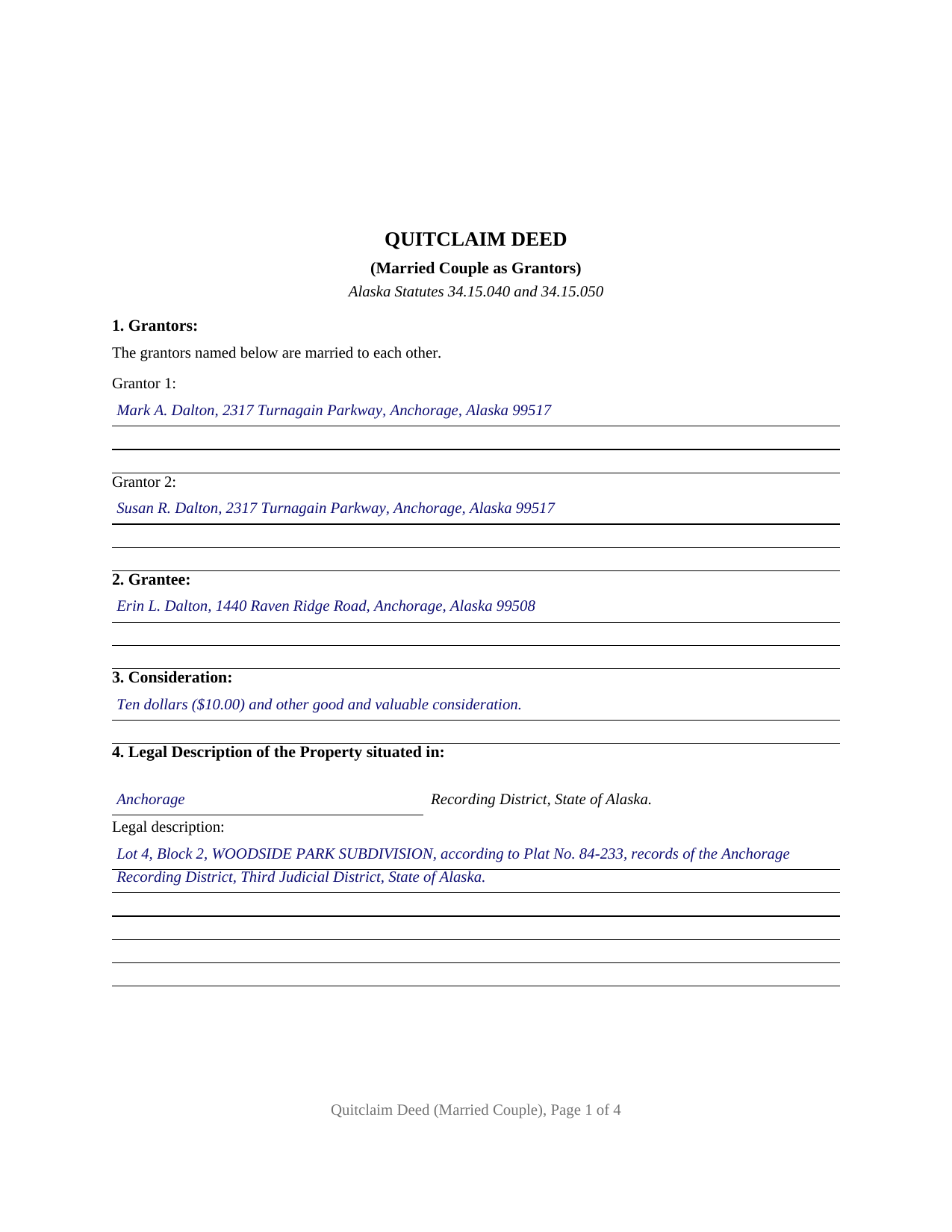 Yukon Koyukuk Borough Completed Example of the Quitclaim Deed (Married Couple as Grantors) Document