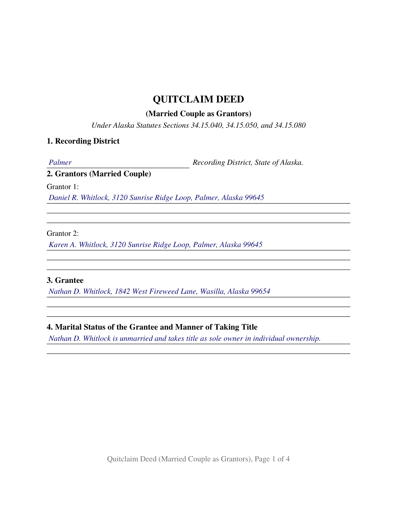 Yukon Koyukuk Borough Completed Example of the Quitclaim Deed (Married Couple as Grantors) Document