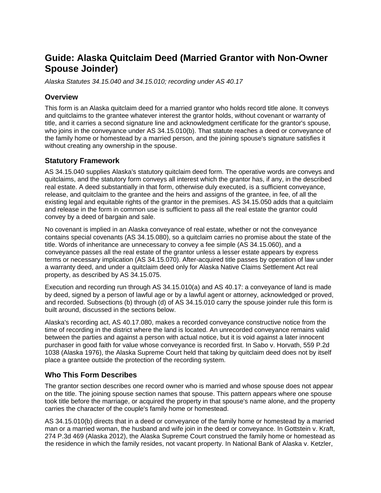 Yukon Koyukuk Borough Quitclaim Deed (Married Grantor with Non-Owner Spouse Joinder) Guide