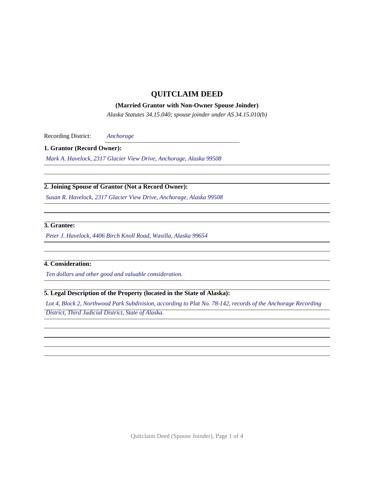 Yukon Koyukuk Borough Completed Example of the Quitclaim Deed (Married Grantor with Non-Owner Spouse Joinder) Document