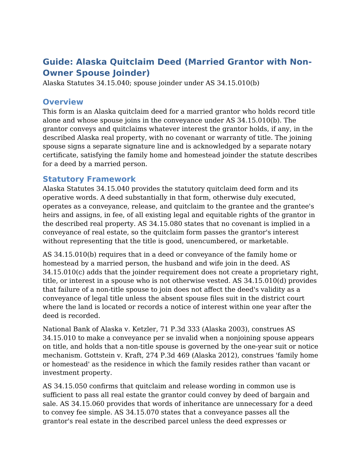 Yukon Koyukuk Borough Quitclaim Deed (Married Grantor with Non-Owner Spouse Joinder) Guide