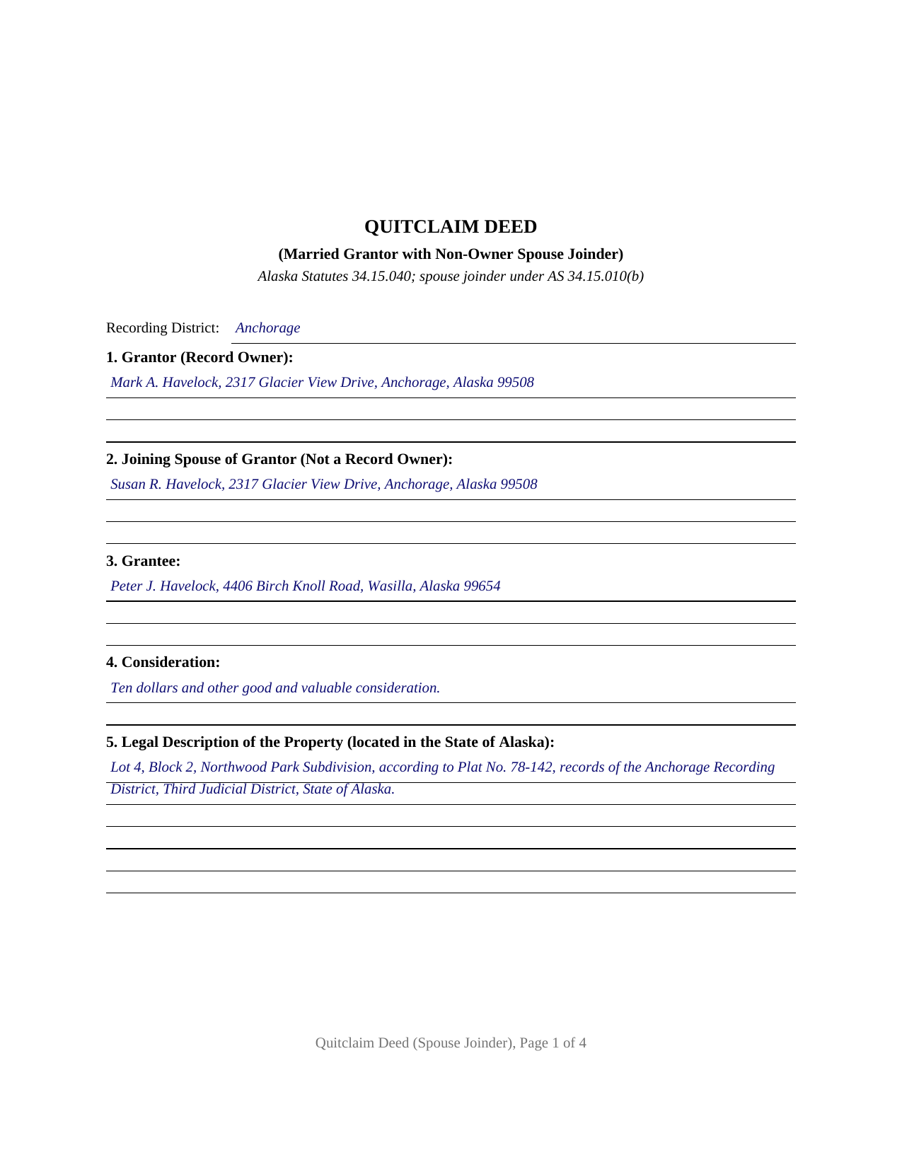 Yukon Koyukuk Borough Completed Example of the Quitclaim Deed (Married Grantor with Non-Owner Spouse Joinder) Document