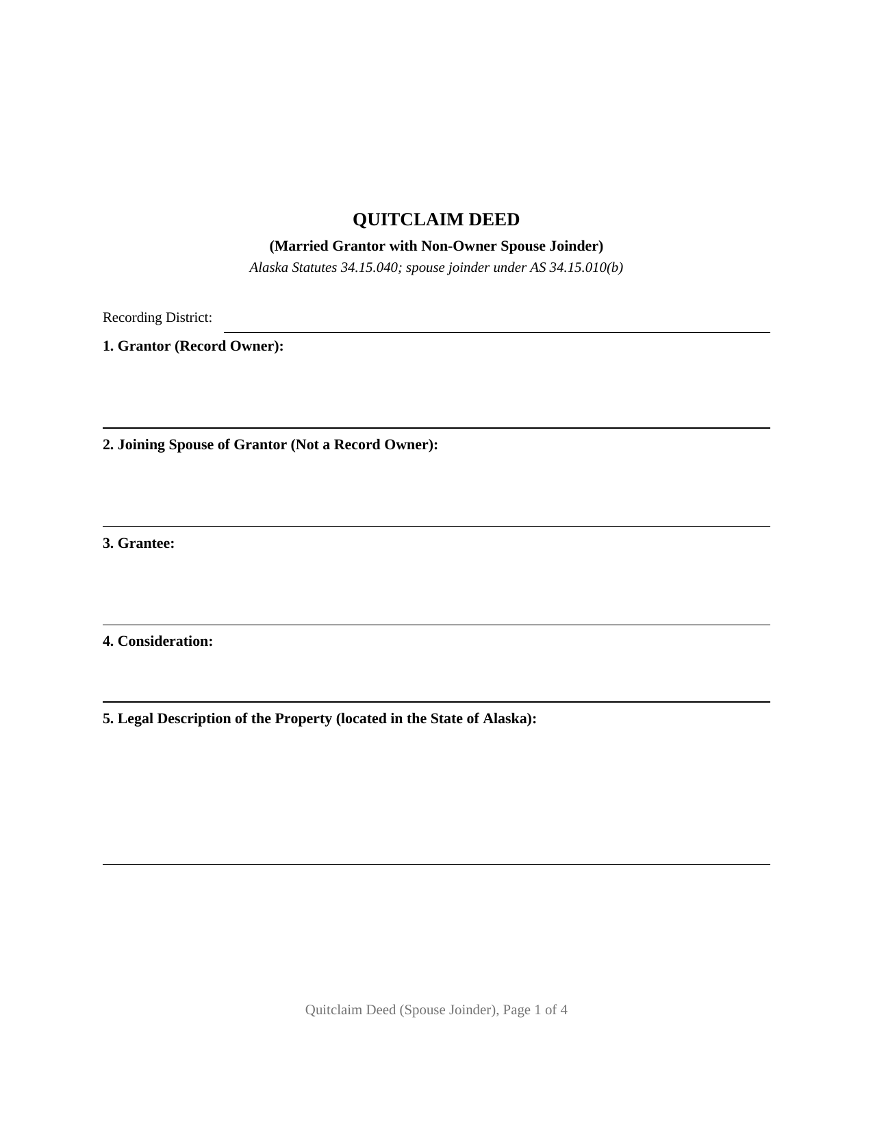 Yukon Koyukuk Borough Quitclaim Deed (Married Grantor with Non-Owner Spouse Joinder) Form
