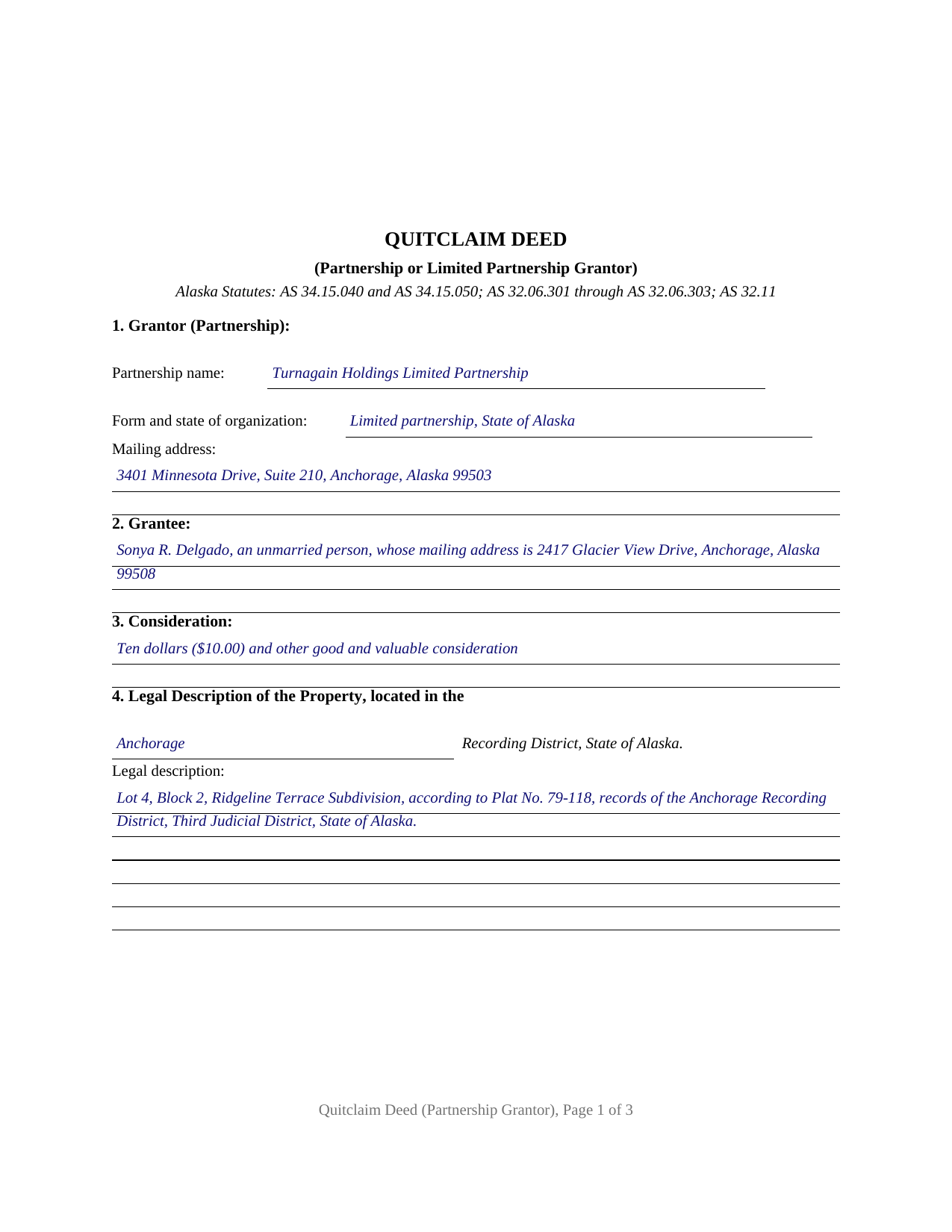 Yukon Koyukuk Borough Completed Example of the Quitclaim Deed (Partnership or Limited Partnership Grantor) Document