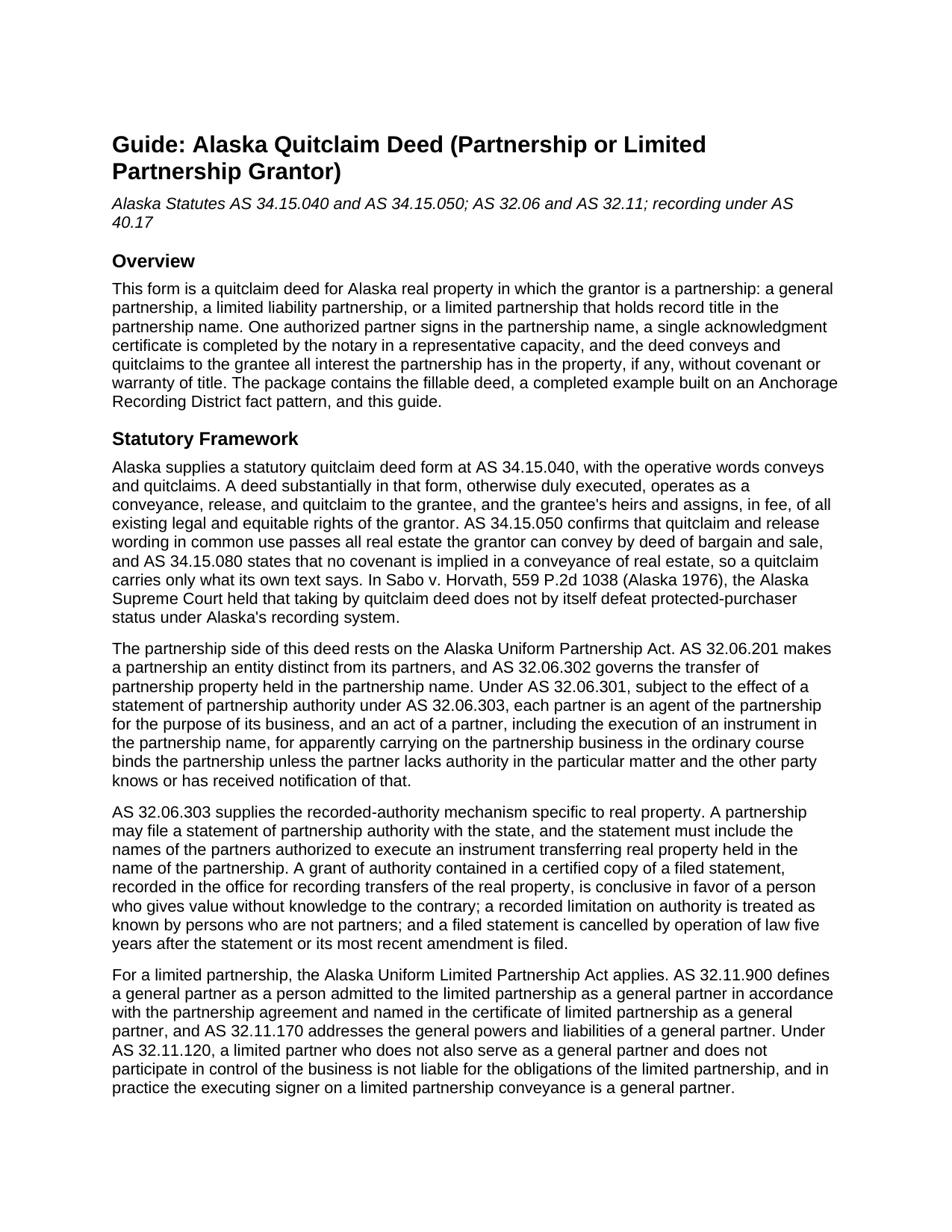 Yukon Koyukuk Borough Quitclaim Deed (Partnership or Limited Partnership Grantor) Guide