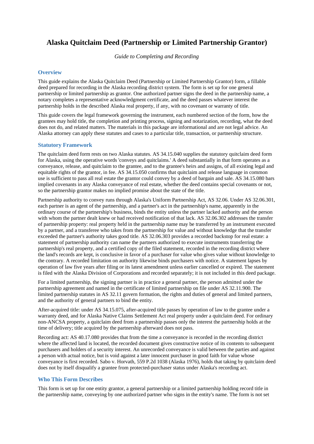 Yukon Koyukuk Borough Quitclaim Deed (Partnership or Limited Partnership Grantor) Guide