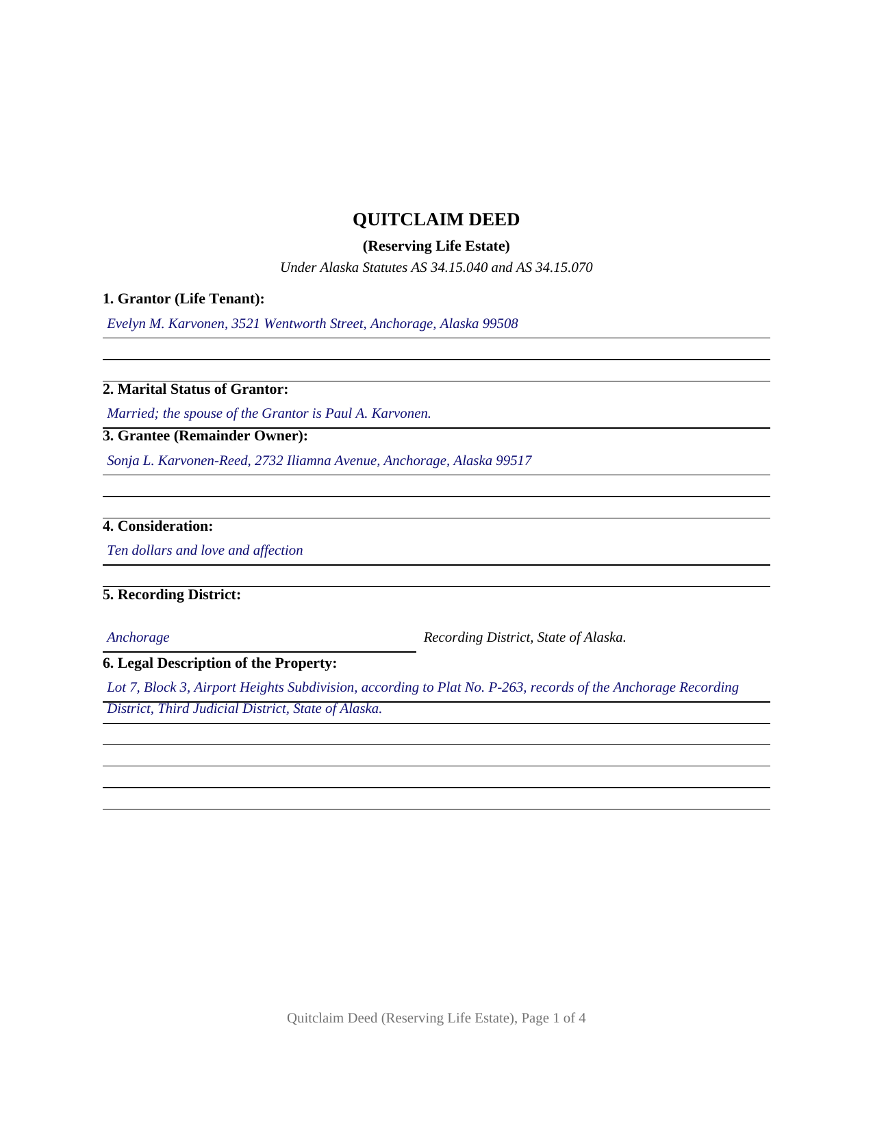 Yukon Koyukuk Borough Completed Example of the Quitclaim Deed (Reserving Life Estate) Document