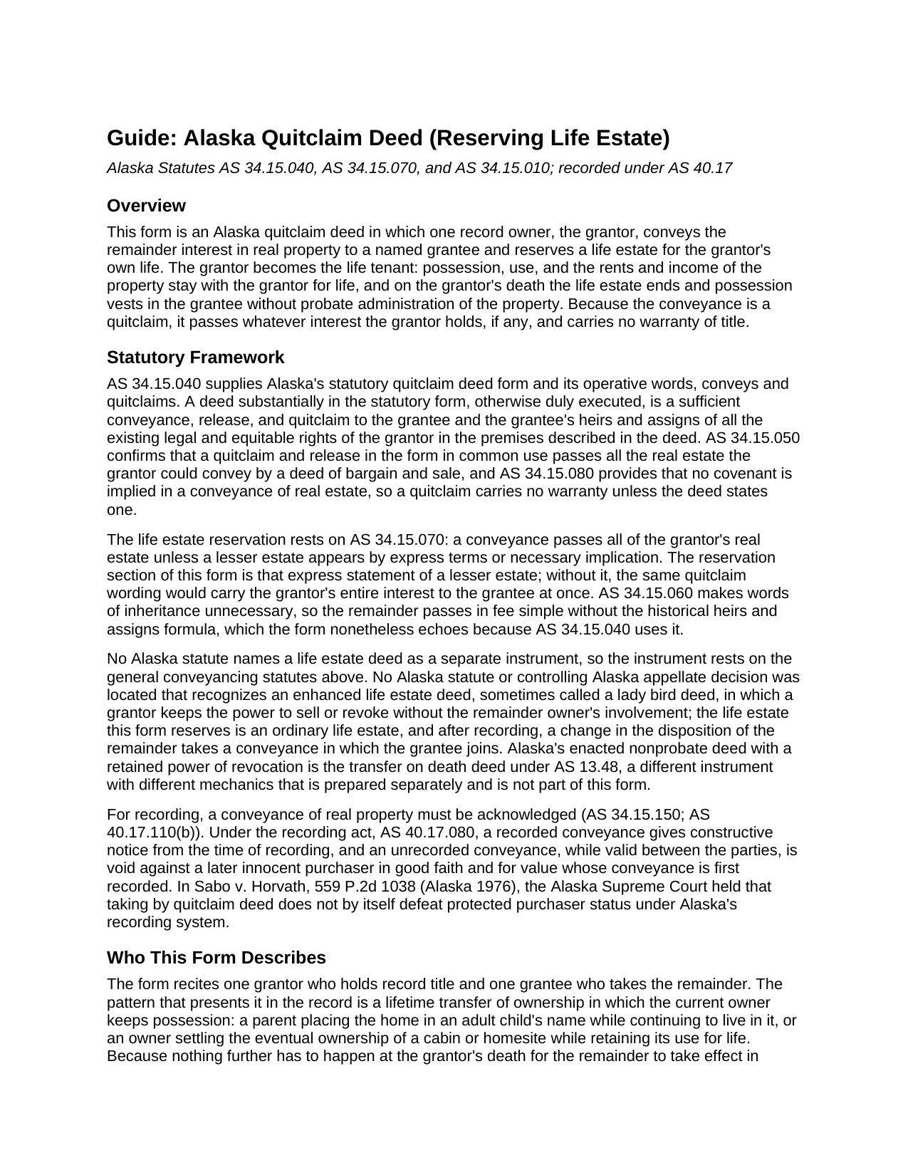 Yukon Koyukuk Borough Quitclaim Deed (Reserving Life Estate) Guide