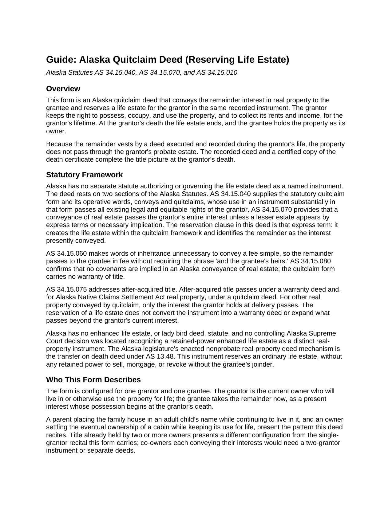 Yukon Koyukuk Borough Quitclaim Deed (Reserving Life Estate) Guide