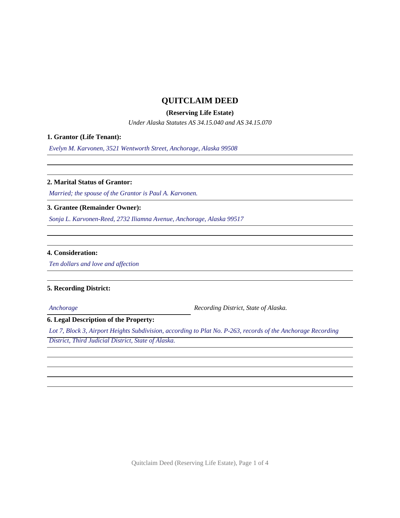 Yukon Koyukuk Borough Completed Example of the Quitclaim Deed (Reserving Life Estate) Document