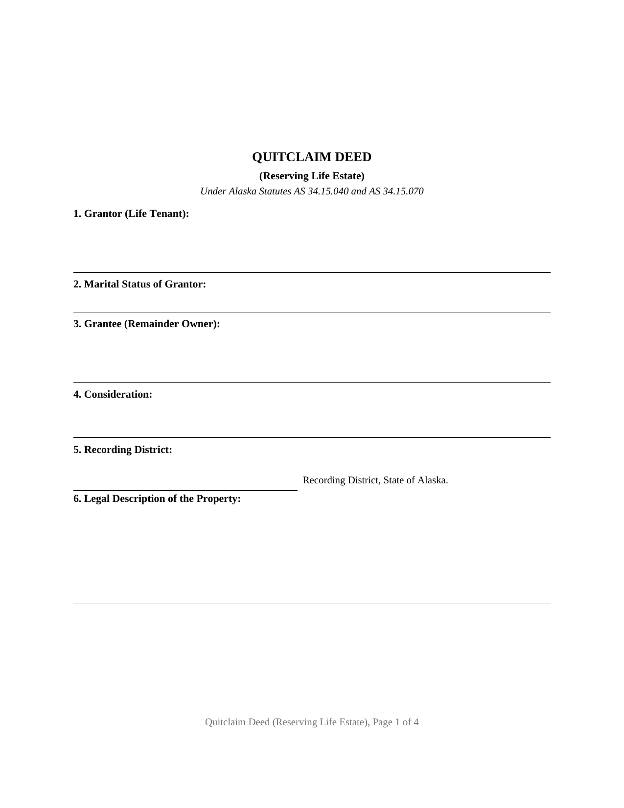Yukon Koyukuk Borough Quitclaim Deed (Reserving Life Estate) Form