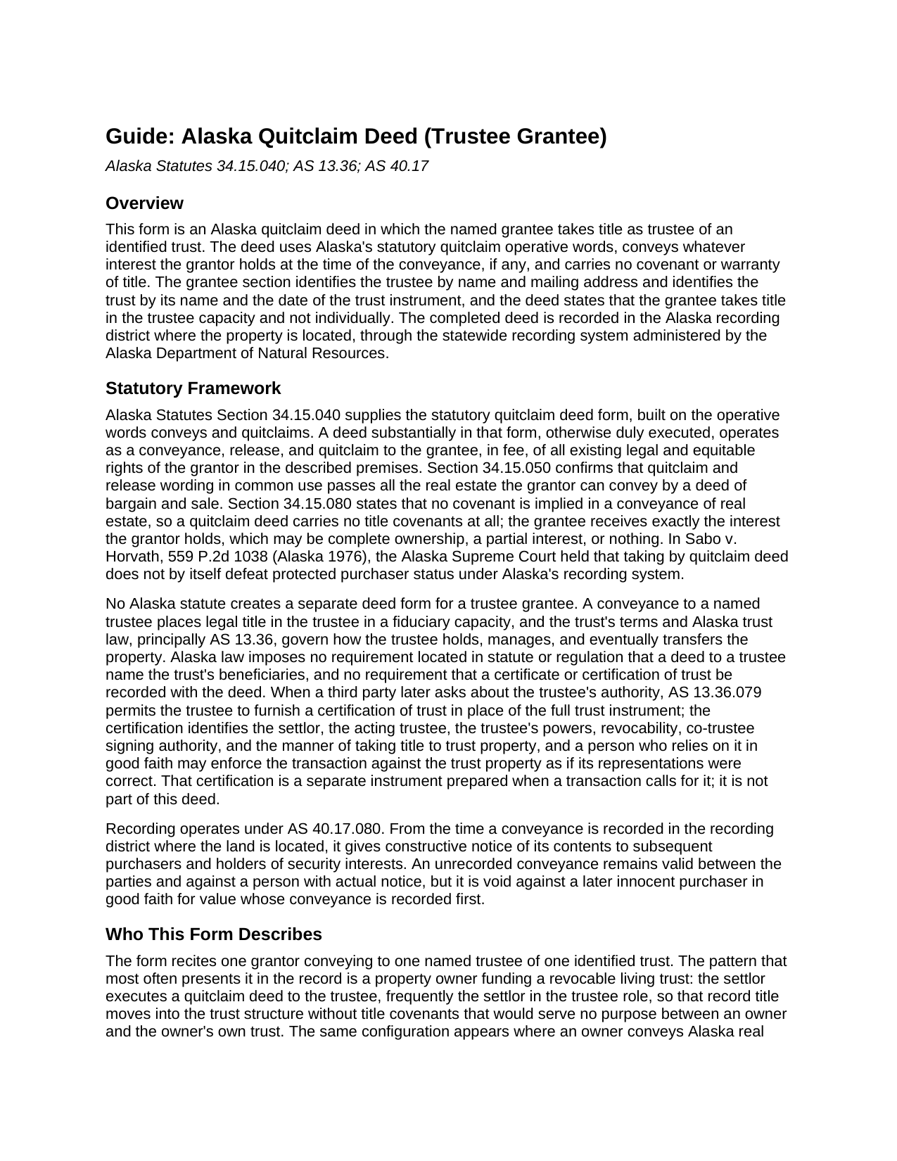 Yukon Koyukuk Borough Quitclaim Deed (Trustee Grantee) Guide