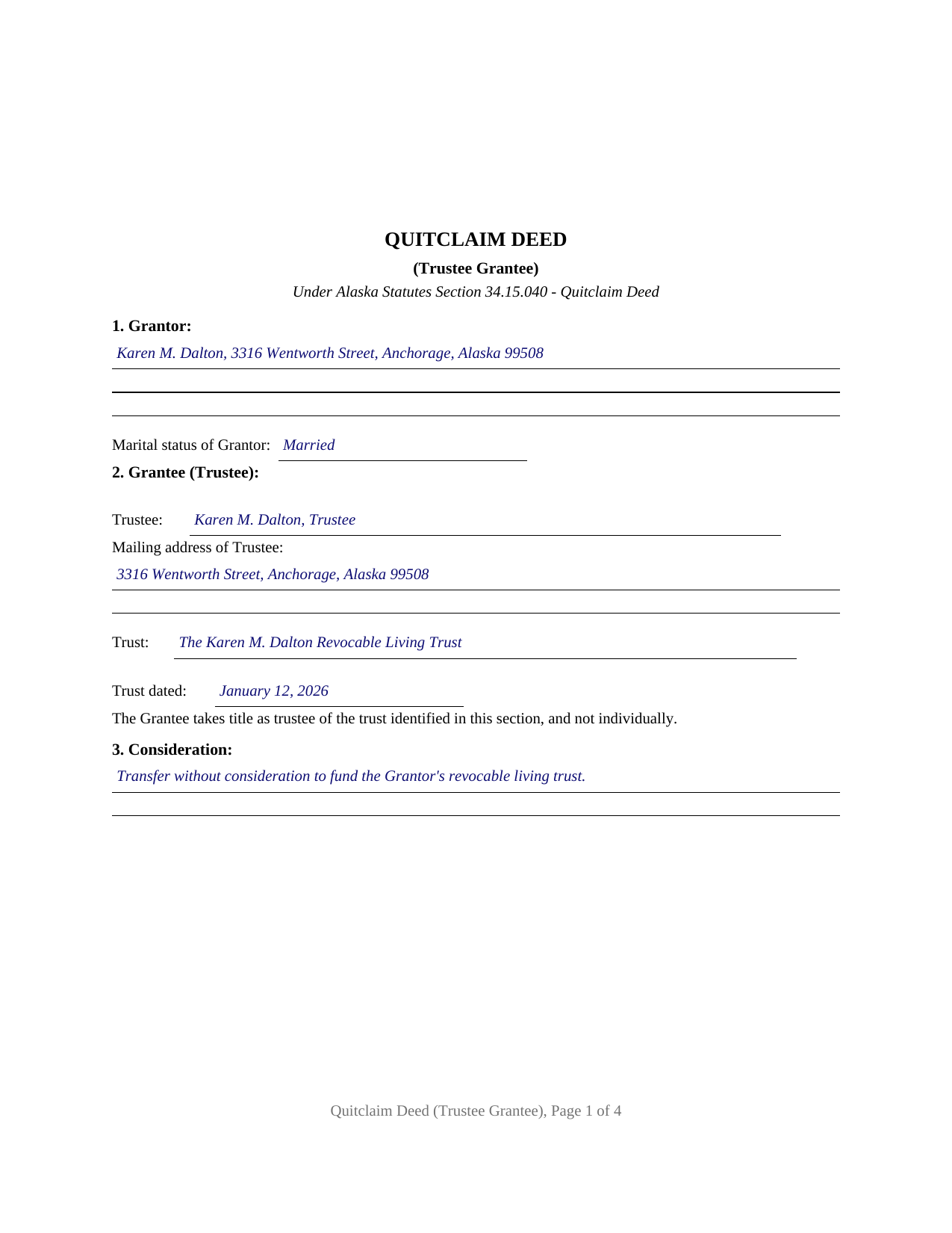 Yukon Koyukuk Borough Completed Example of the Quitclaim Deed (Trustee Grantee) Document