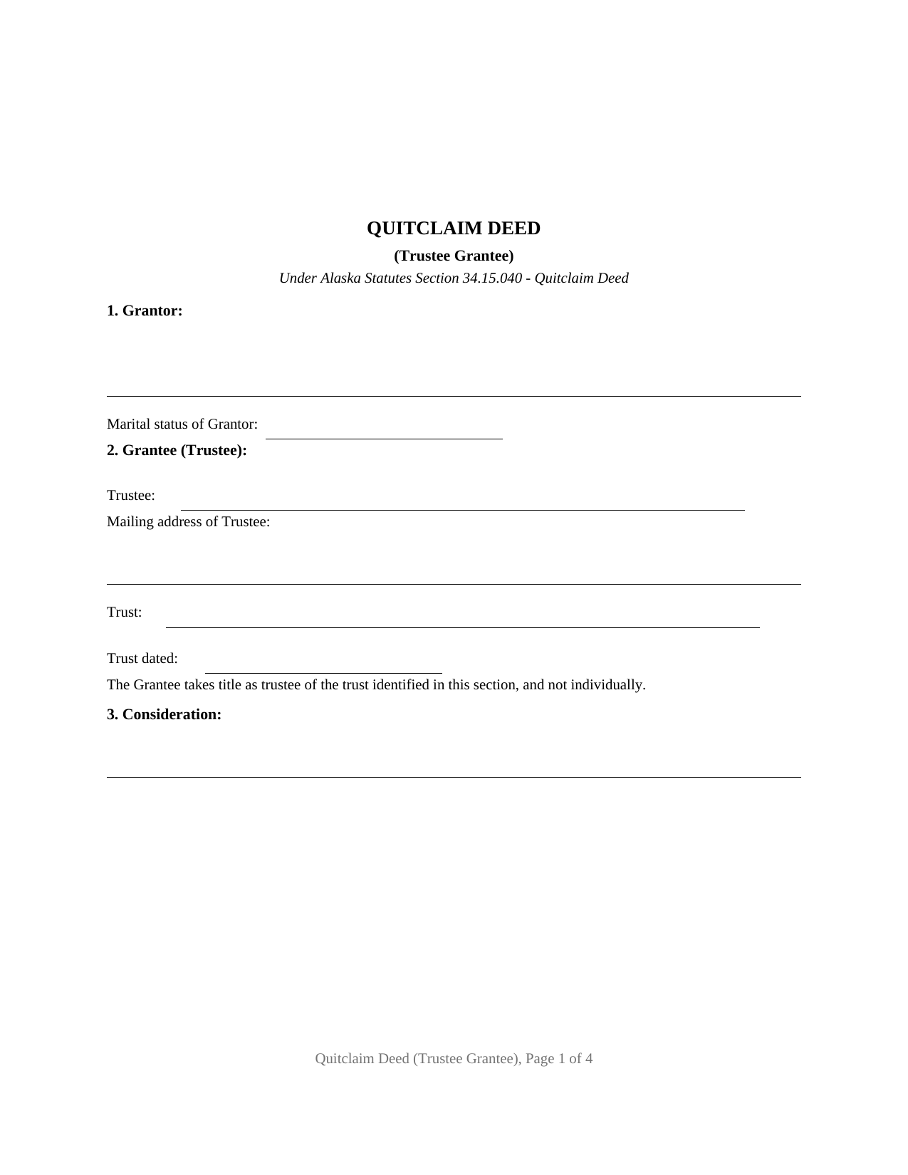 Yukon Koyukuk Borough Quitclaim Deed (Trustee Grantee) Form