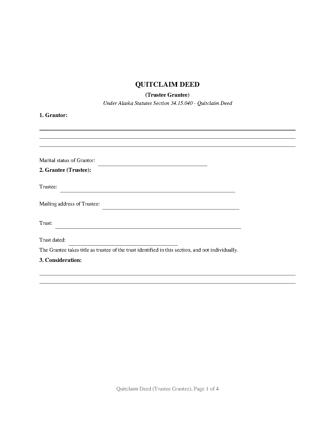 Yukon Koyukuk Borough Quitclaim Deed (Trustee Grantee) Form