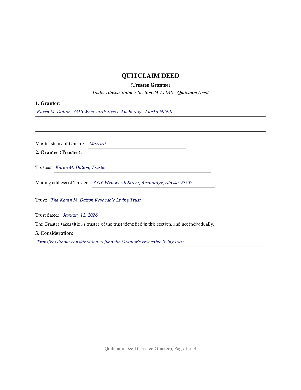Yukon Koyukuk Borough Completed Example of the Quitclaim Deed (Trustee Grantee) Document