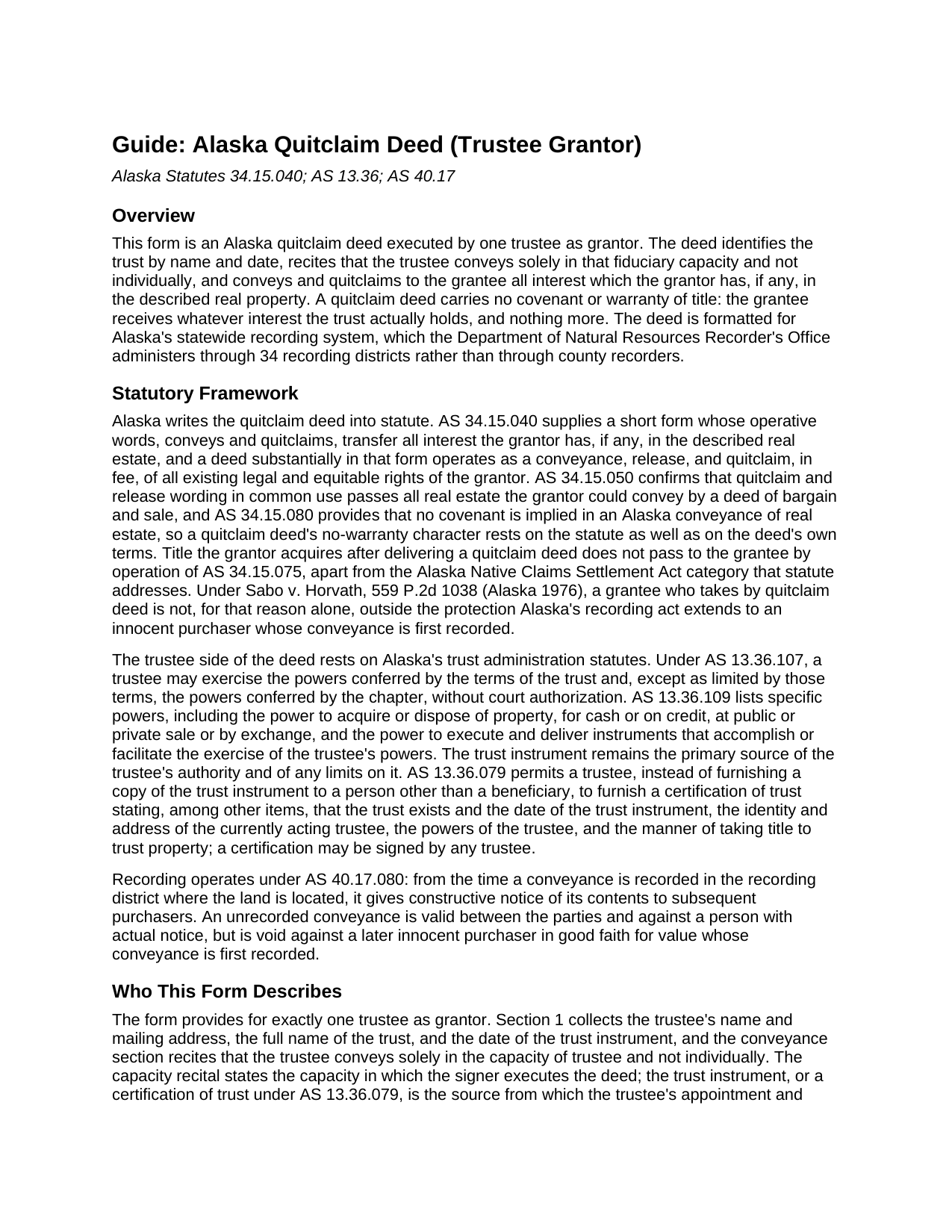 Yukon Koyukuk Borough Quitclaim Deed (Trustee Grantor) Guide