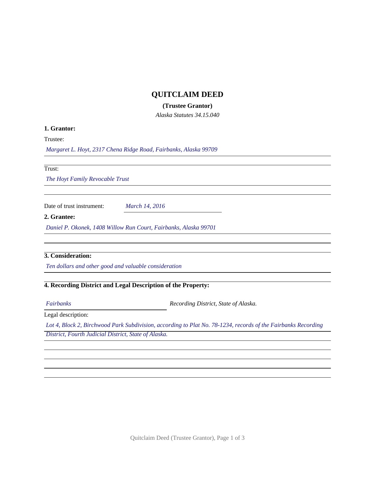 Yukon Koyukuk Borough Completed Example of the Quitclaim Deed (Trustee Grantor) Document