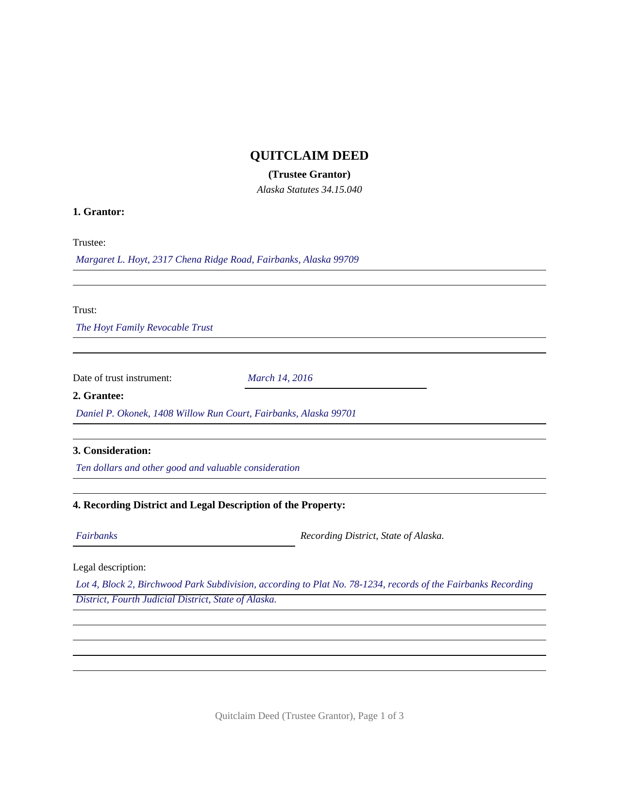 Yukon Koyukuk Borough Completed Example of the Quitclaim Deed (Trustee Grantor) Document
