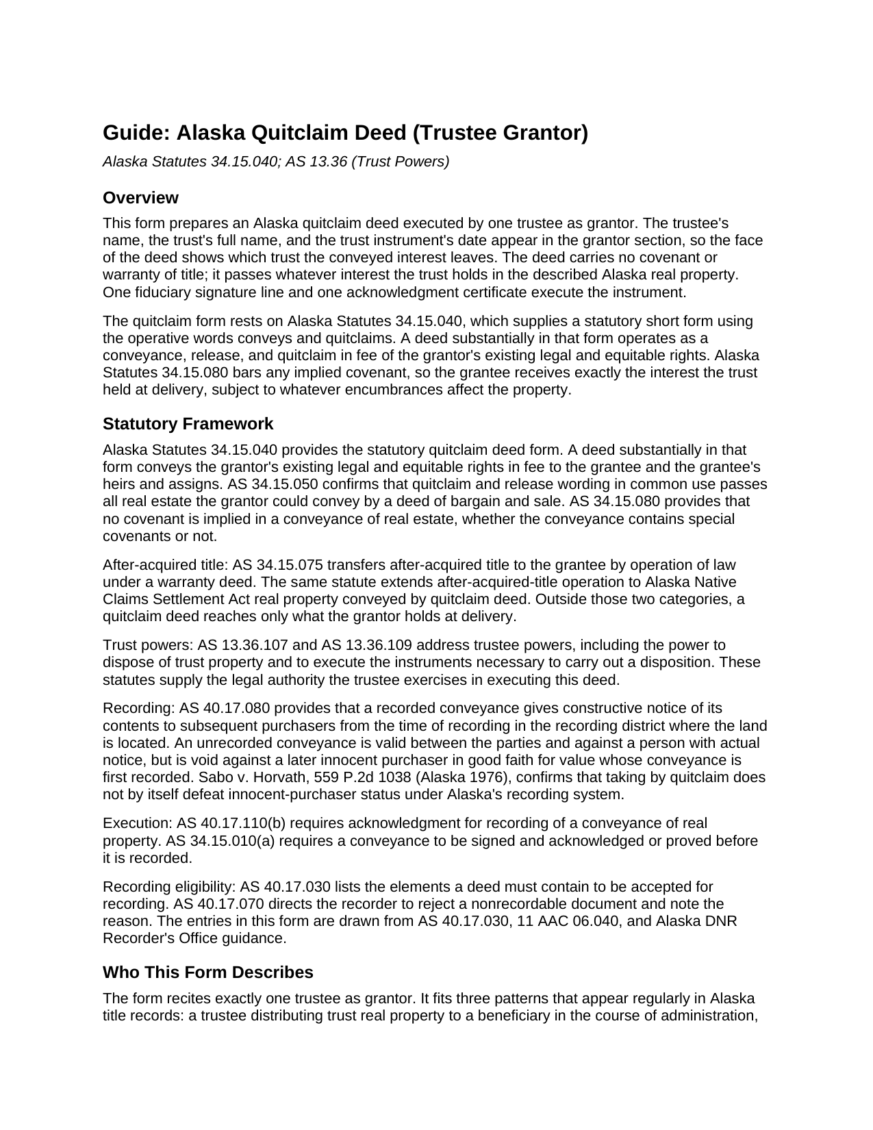 Yukon Koyukuk Borough Quitclaim Deed (Trustee Grantor) Guide