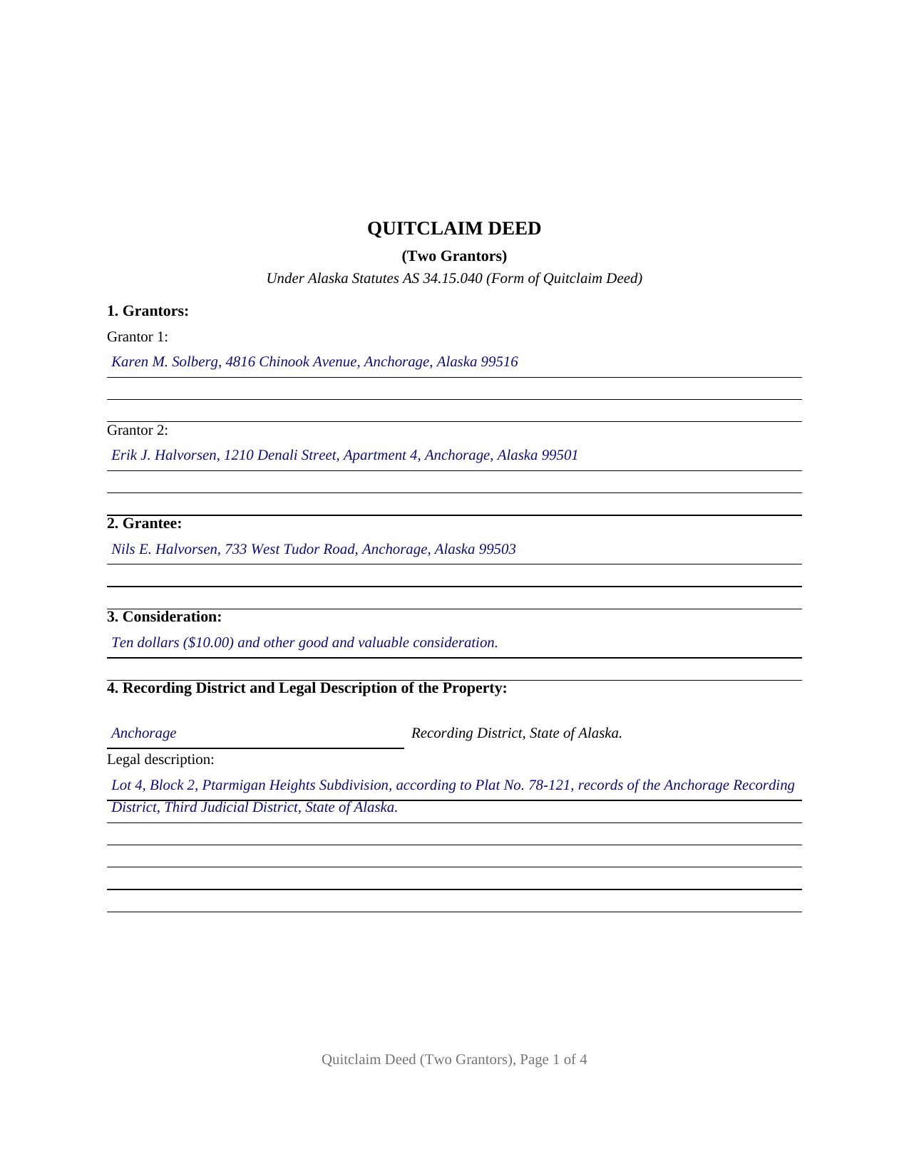 Yukon Koyukuk Borough Completed Example of the Quitclaim Deed (Two Grantors) Document