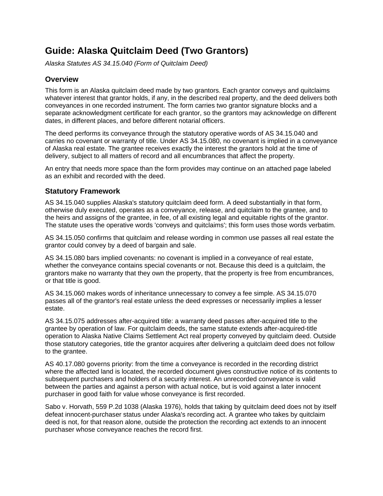 Yukon Koyukuk Borough Quitclaim Deed (Two Grantors) Guide