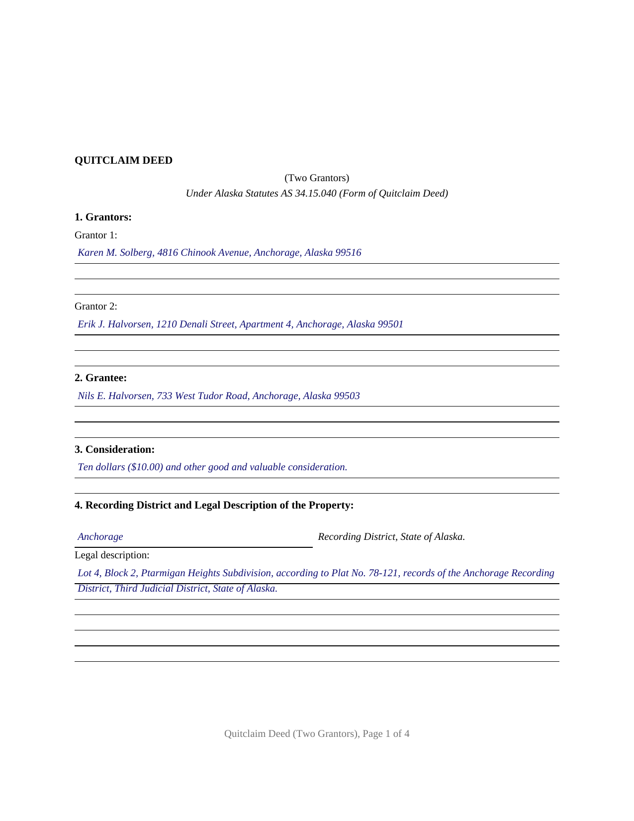 Yukon Koyukuk Borough Completed Example of the Quitclaim Deed (Two Grantors) Document