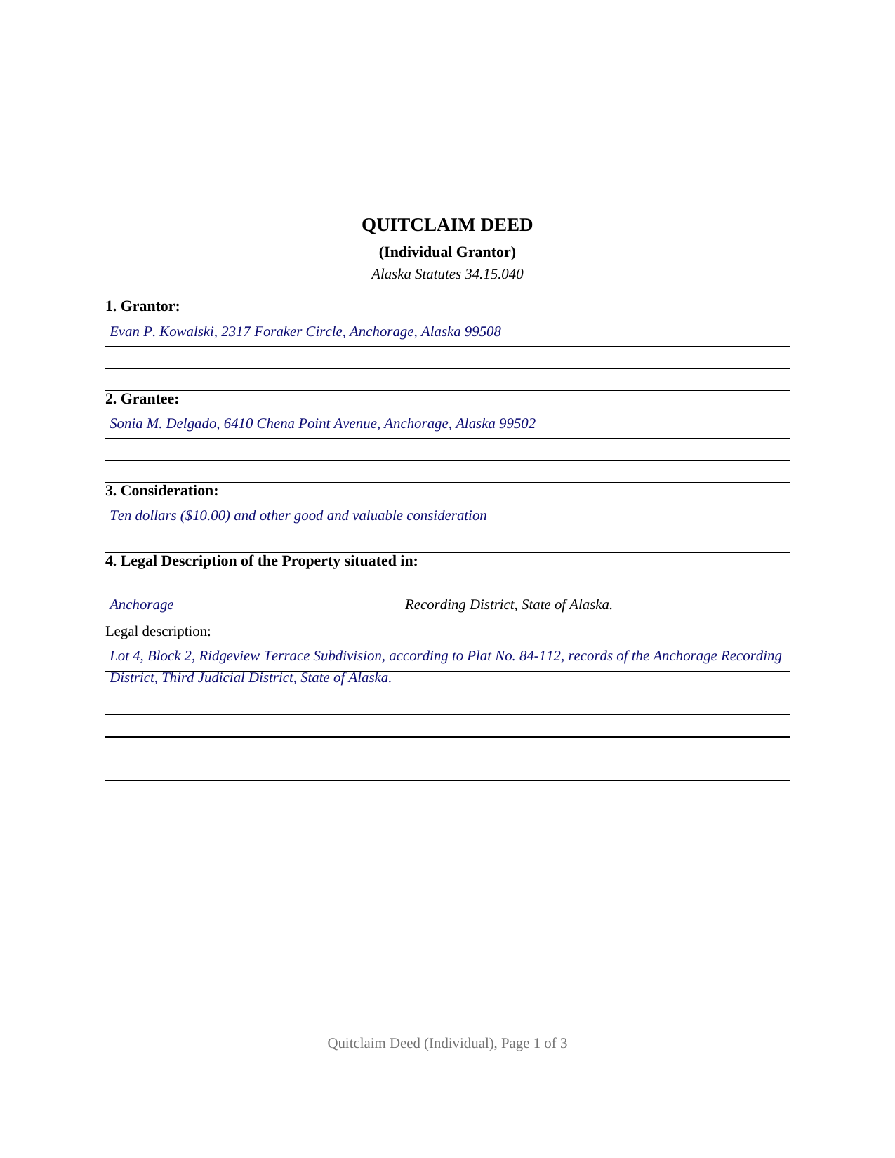 Yukon Koyukuk Borough Completed Example of the Quitclaim Deed Document