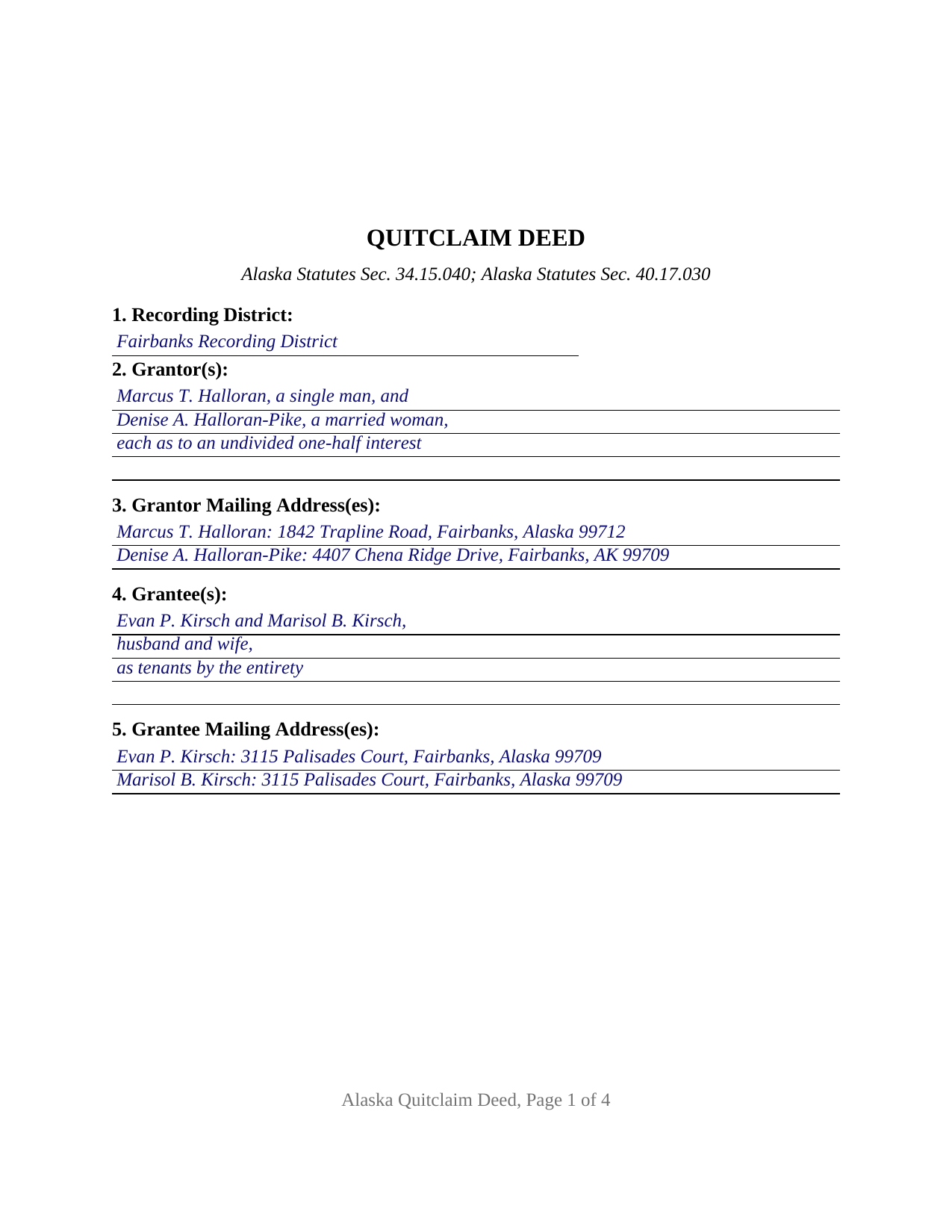 Aleutians West Borough Completed Example of the Quitclaim Deed Document